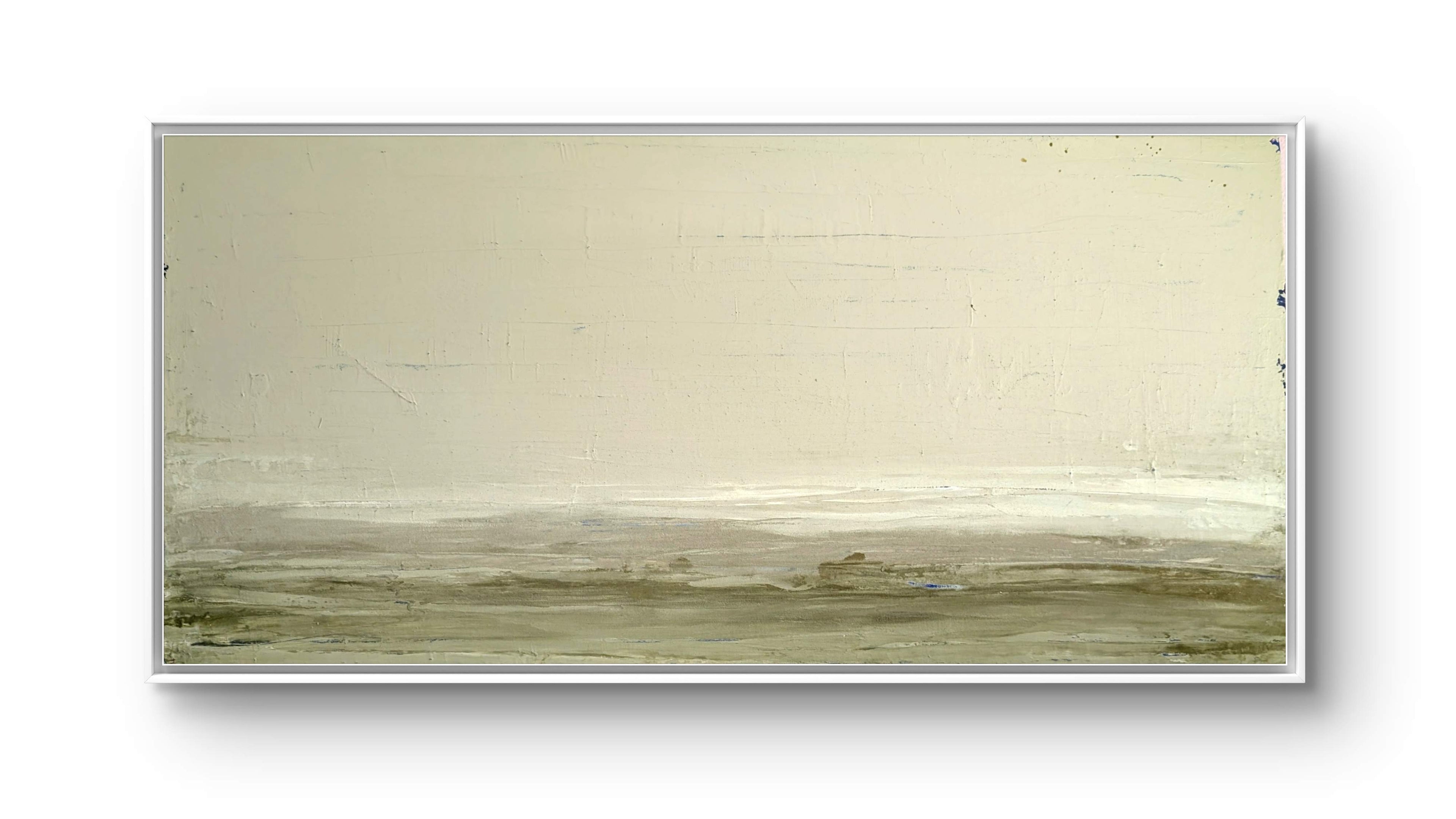 Zwischen Sommer und Herbst II" von Conny Wachsmann: Minimalistisches Original in sanften Beige- und Brauntönen; oberer Bereich hellbeige, unteres Drittel mit erdig-brauner Spachtelarbeit für eine ruhige, abstrakte Landschaft. Inklusive weißem Rahmen.