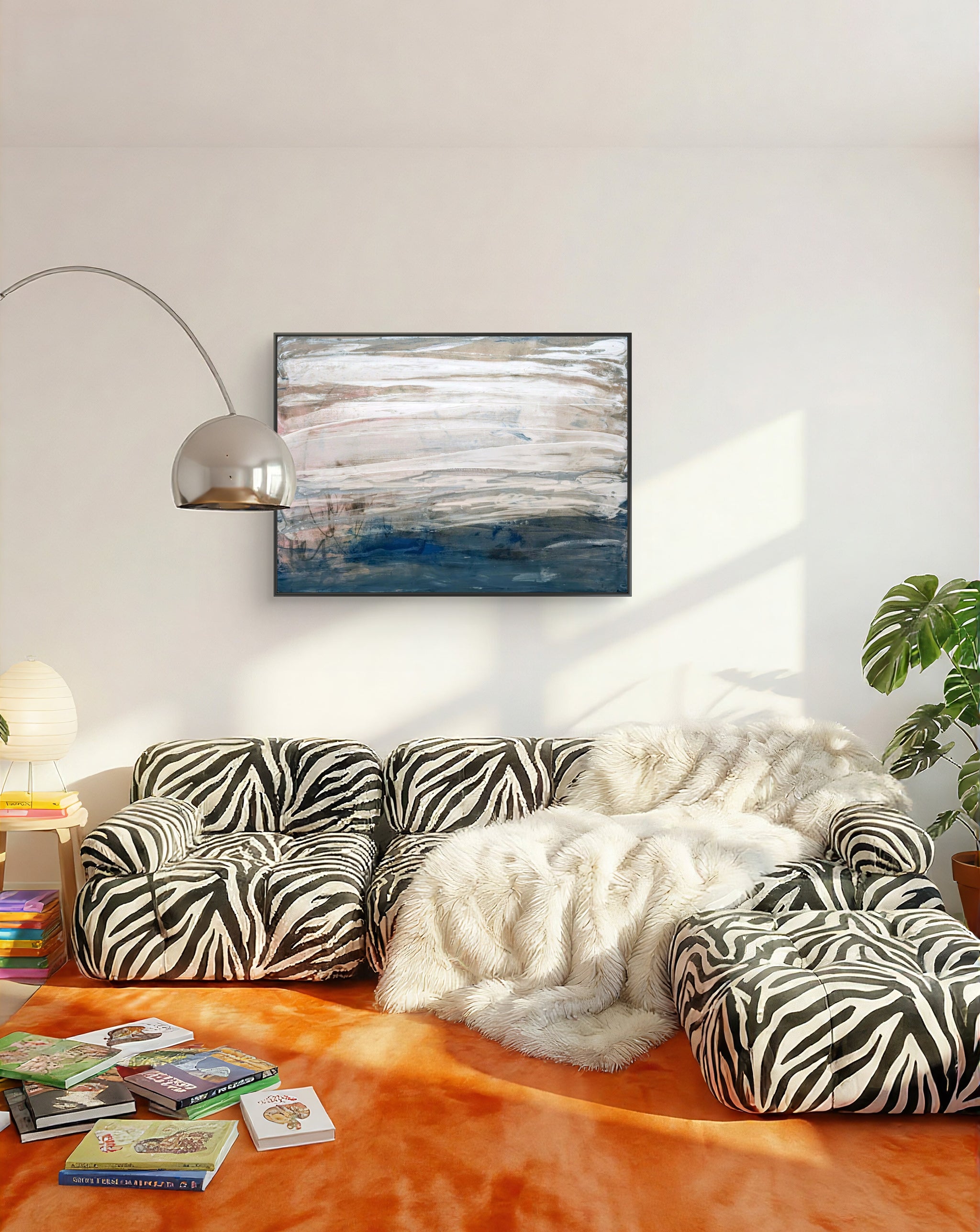 Blau weißes Bild - Gezeitenstille inkl. Schattenfugenrahmen nan cm – sofort verfügbares Wandbild in nan, Seitenansicht als Statement Kunst im Esszimmer oder Flur