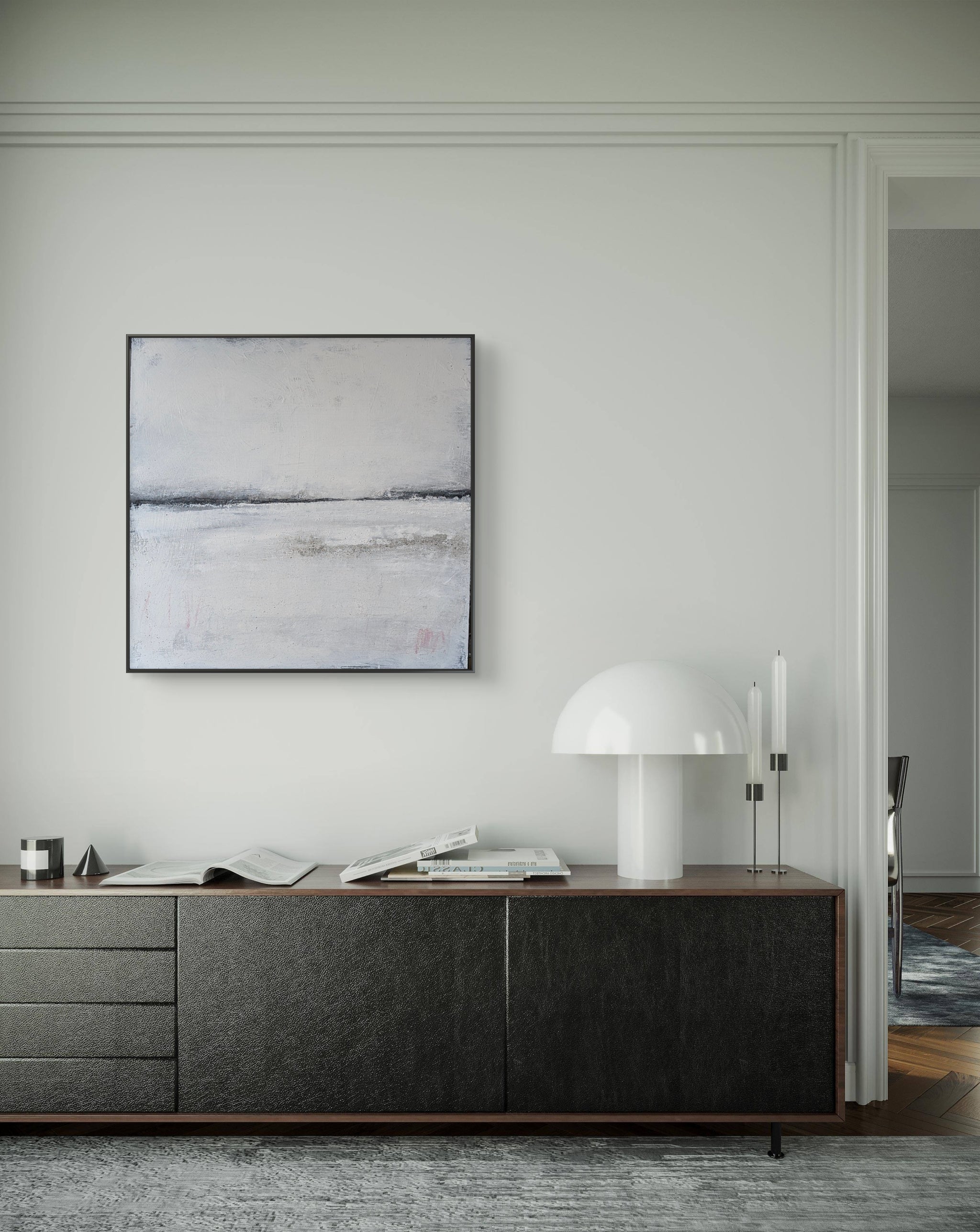 Abstraktes Gemälde – 100 x 100 cm Landgang weiß - Studienreihe – Großes Gemälde in modernem Wohnzimmer
