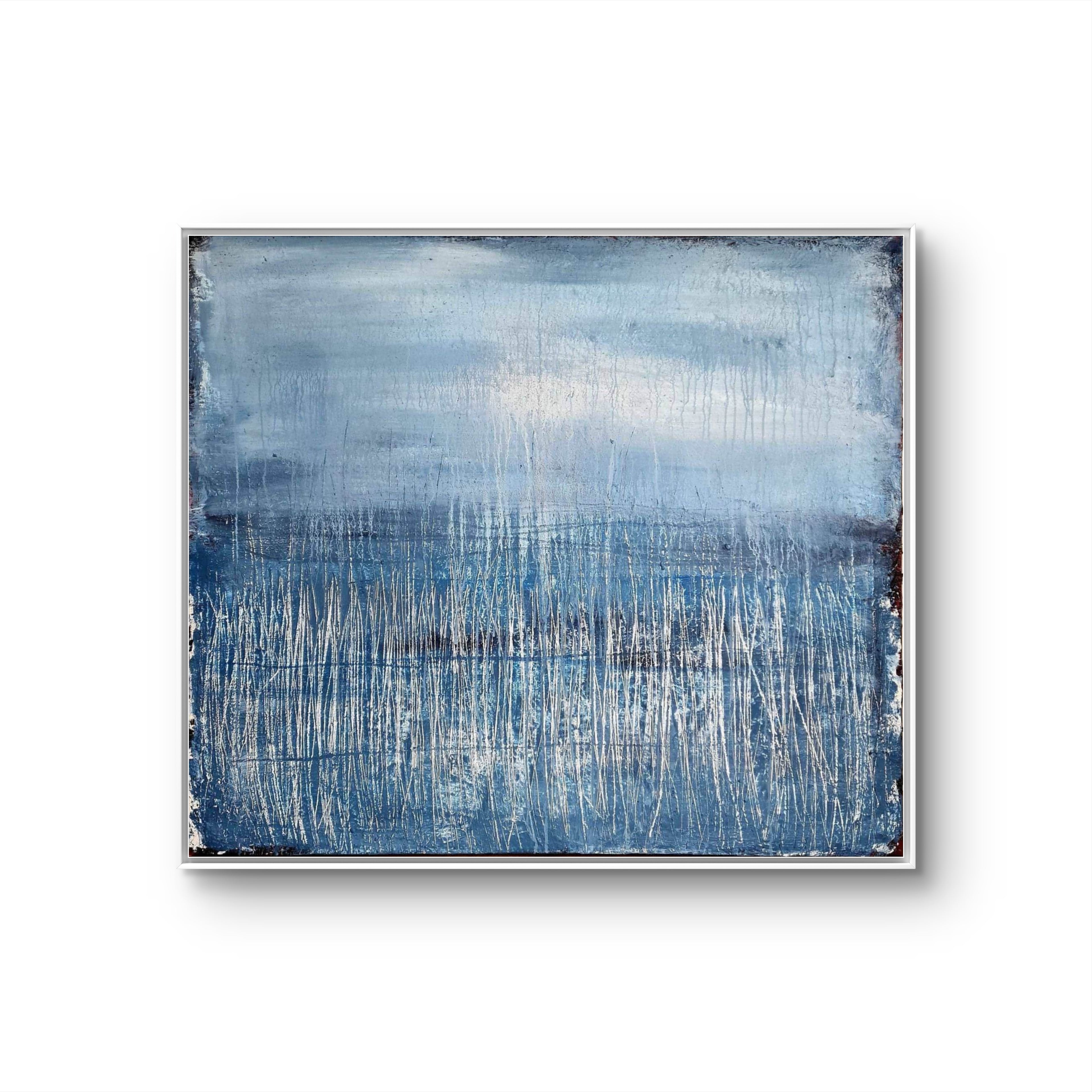 Abstraktes blaues Gemälde – Winterplatz – XXL Kunstwerk als Blickfang im Wohnraum