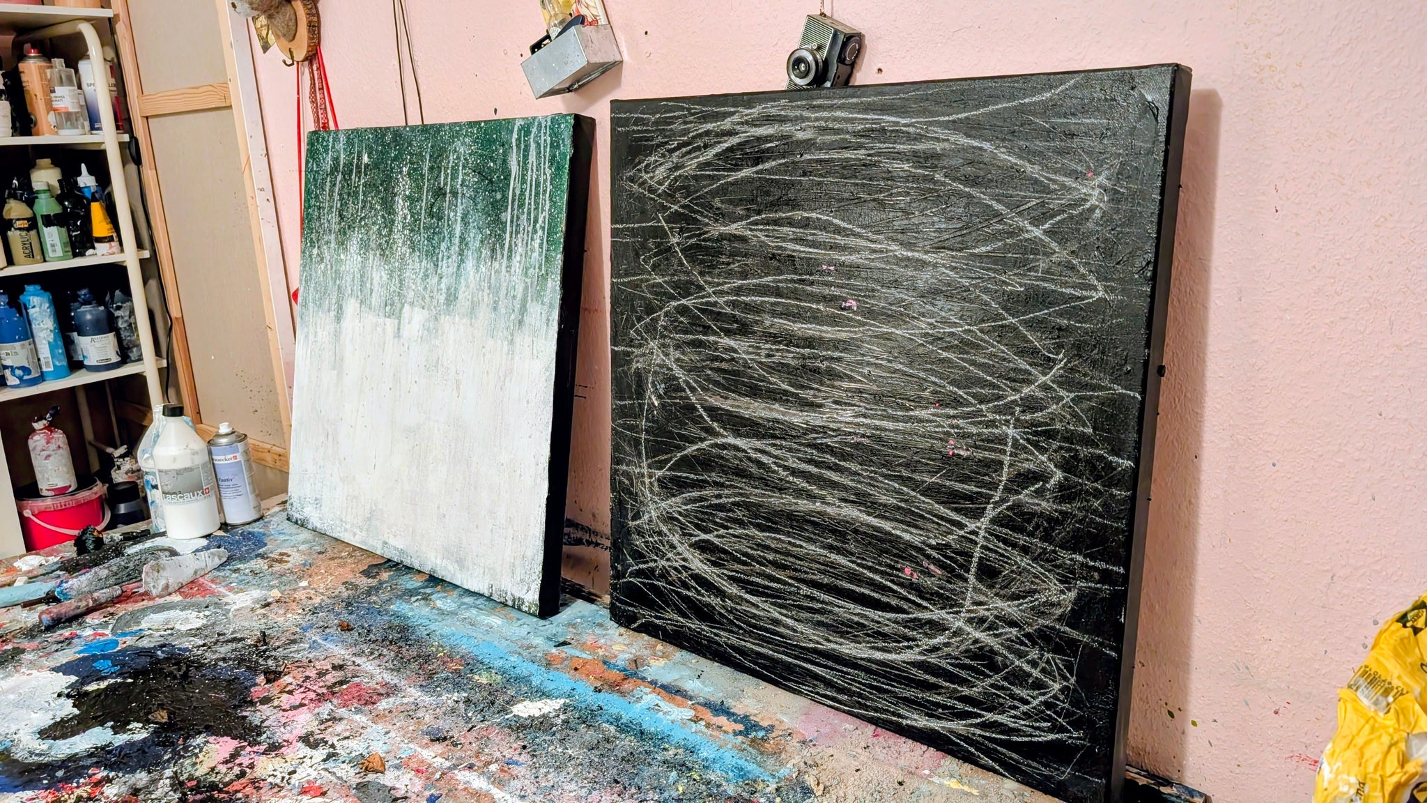 Bilder Duo in grün weiss und schwarz – sofort versandbereites Leinwandbild in nan, großes Kunstwerk für moderne Wohnräume