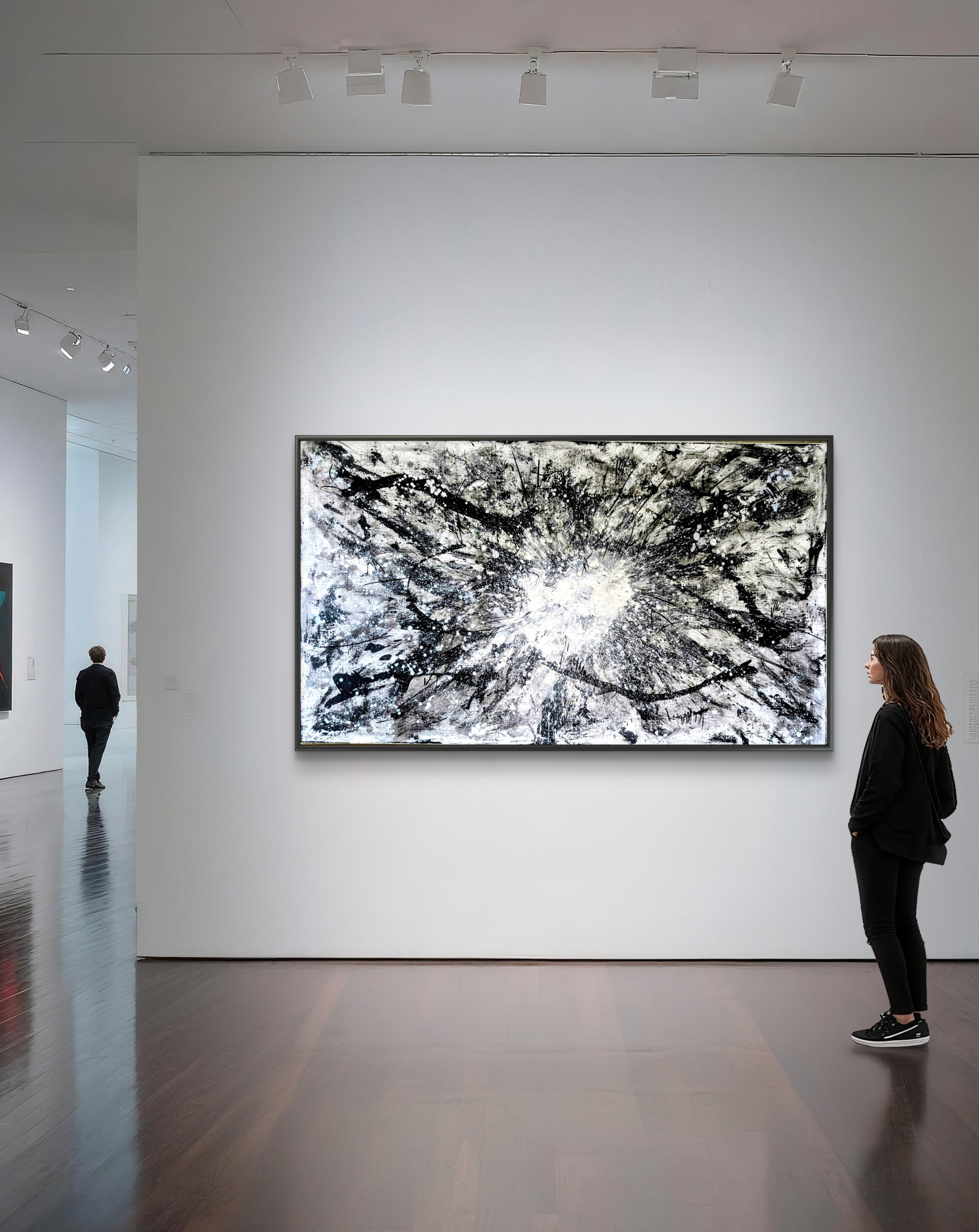 Urknall – Großes abstraktes Schwarz-Weiß Gemälde (240 × 140 cm) als Auftragsarbeit – Moderne Kunst für offene Wohnbereiche