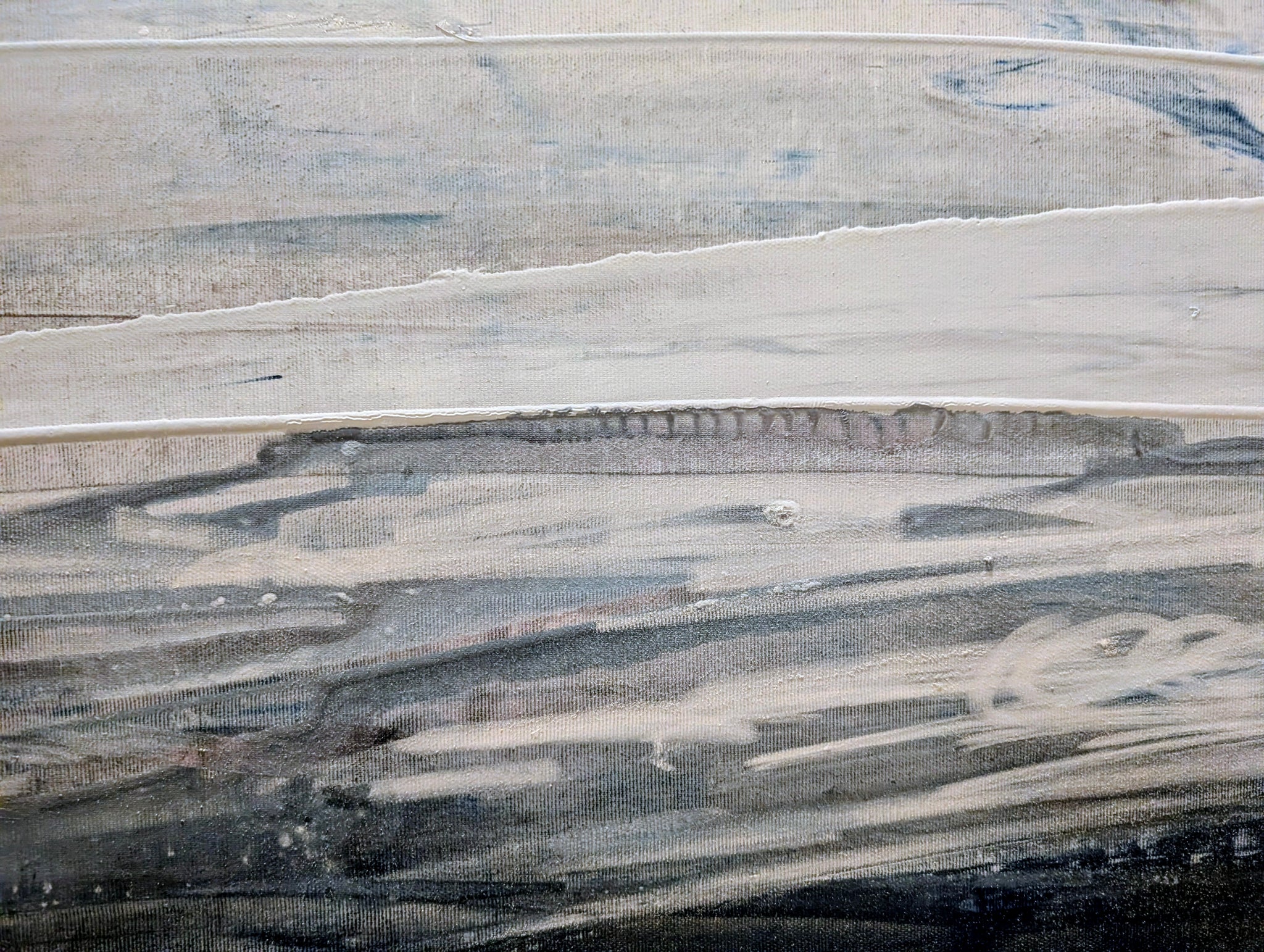 Blau weißes Bild - Gezeitenstille inkl. Schattenfugenrahmen – sofort versandbereites Leinwandbild in nan, großes Kunstwerk für moderne Wohnräume