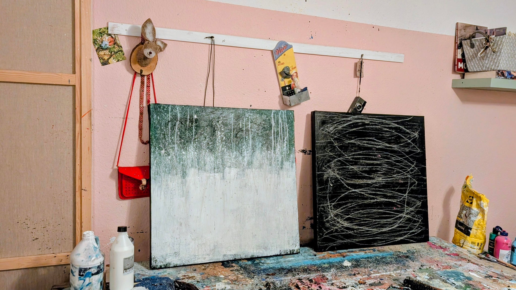 Bilder Duo in grün weiss und schwarz – sofort versandbereites Leinwandbild in nan, großes Kunstwerk für moderne Wohnräume