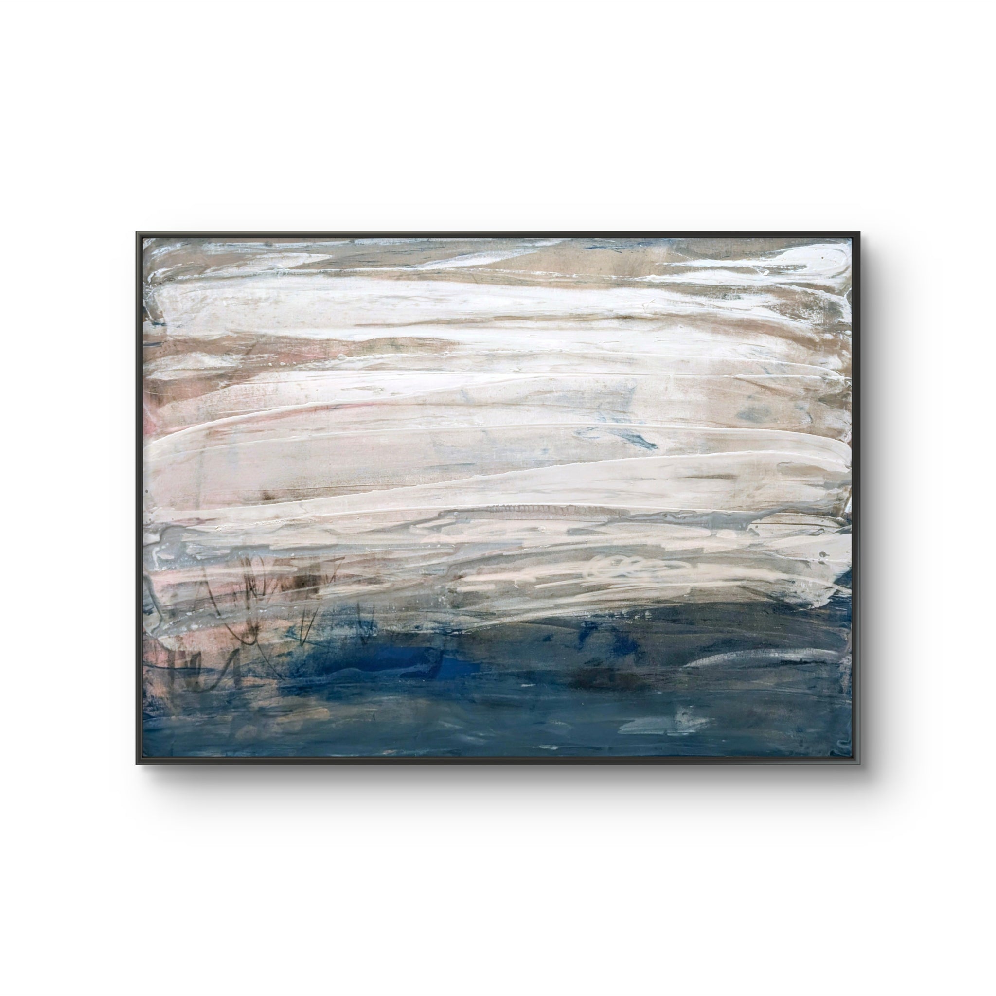 110.0cm cm großes rosa; natur; blaugraues Original Gemälde Blau weißes Bild - Gezeitenstille inkl. Schattenfugenrahmen sofort lieferbar – großes Leinwandbild für Wohnzimmer über Sofa, direkt versandbereit