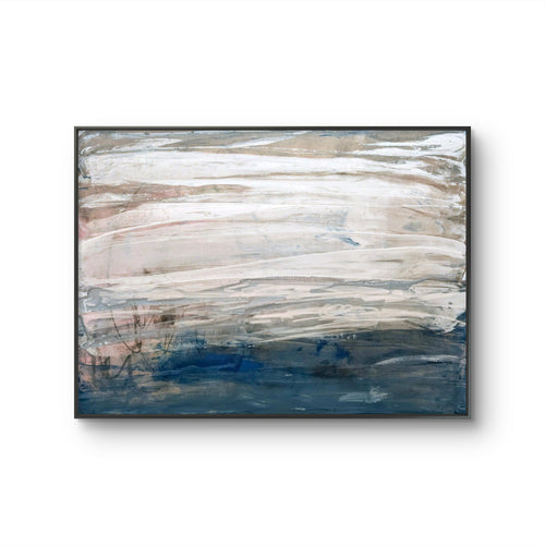 110.0cm cm großes rosa; natur; blaugraues Original Gemälde Blau weißes Bild - Gezeitenstille inkl. Schattenfugenrahmen sofort lieferbar – großes Leinwandbild für Wohnzimmer über Sofa, direkt versandbereit