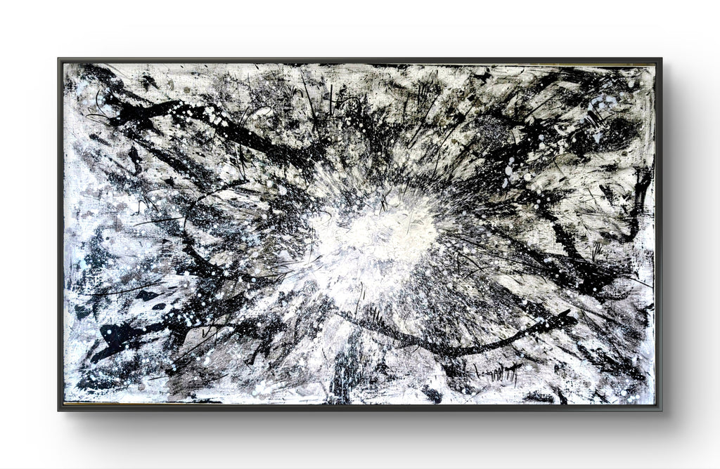 Urknall – Großes abstraktes Schwarz-Weiß Gemälde (240 × 140 cm) als Auftragsarbeit