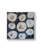 Schwarz-weiß Bild - Weltenbummler – Identität des Werks – natur; blau; beige; geometrisches abstraktes Originalgemälde – ruhige Gesamtwirkung – poetische Grundstimmung – direkt verfügbares Original