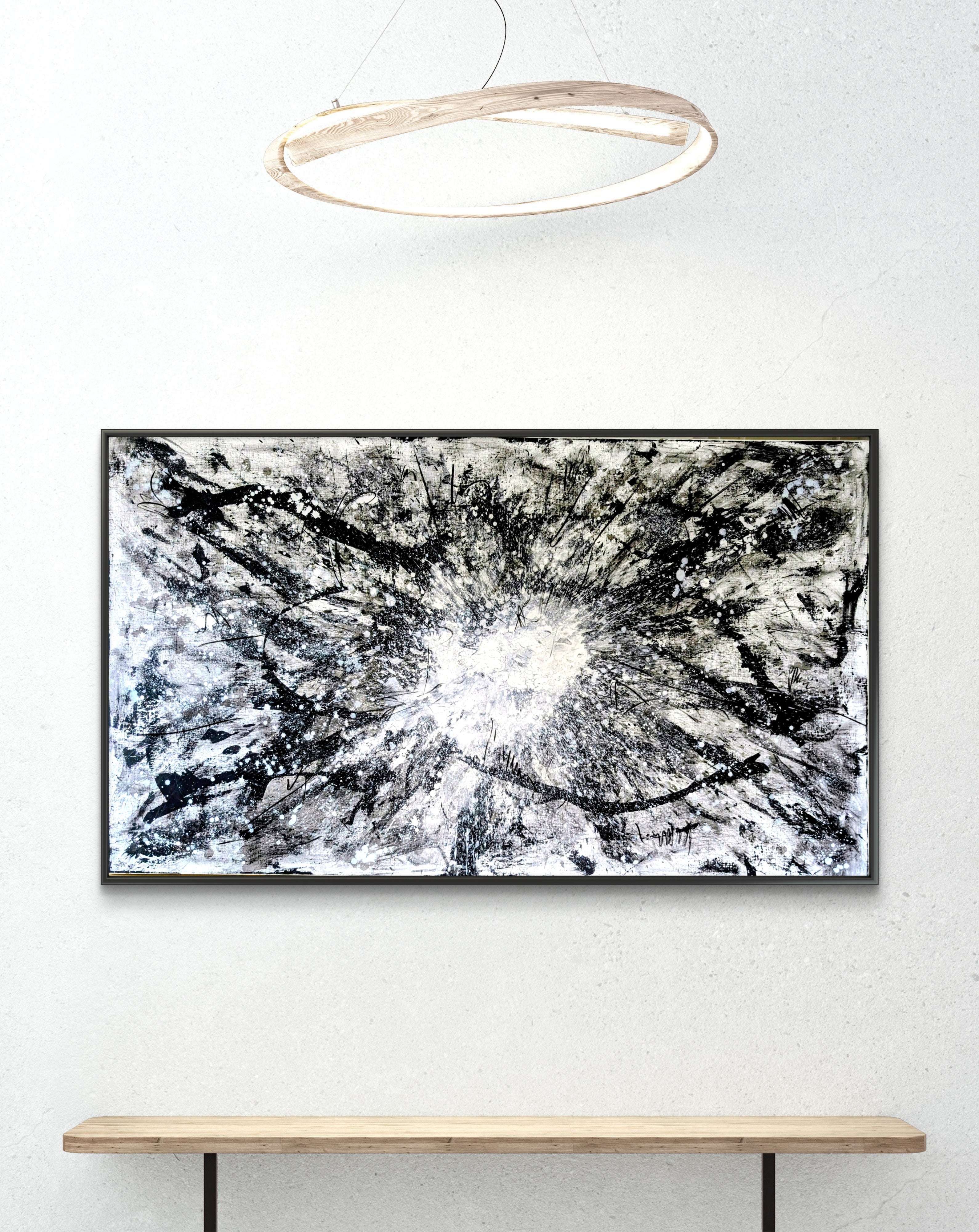 Urknall – Großes abstraktes Schwarz-Weiß Gemälde (240 × 140 cm) als Auftragsarbeit – XXL Kunstwerk als Blickfang im Wohnraum