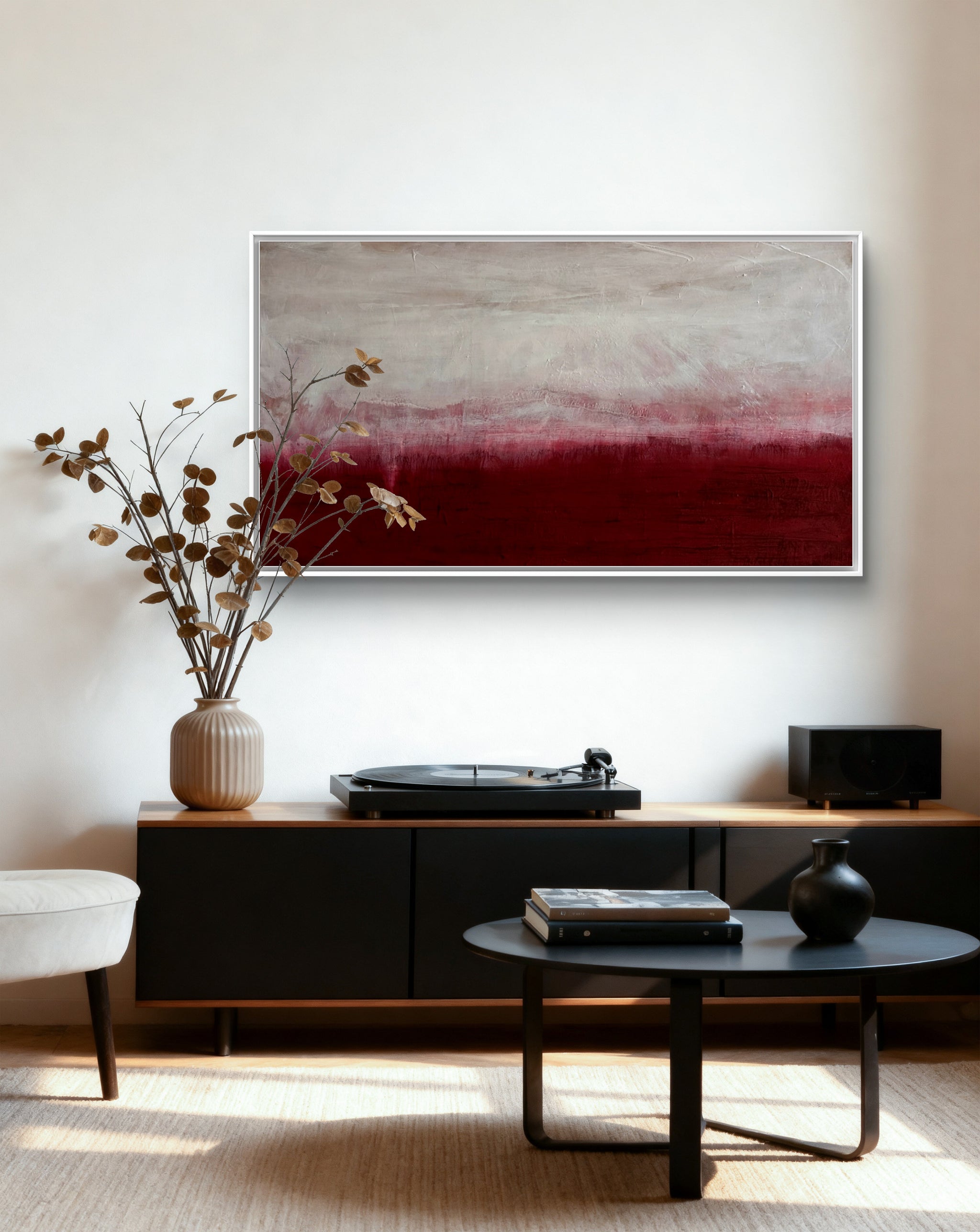 Zwischen Himmel und Erde - Bild Weinrot Weiß – sofort versandbereites Leinwandbild in nan, großes Kunstwerk für moderne Wohnräume