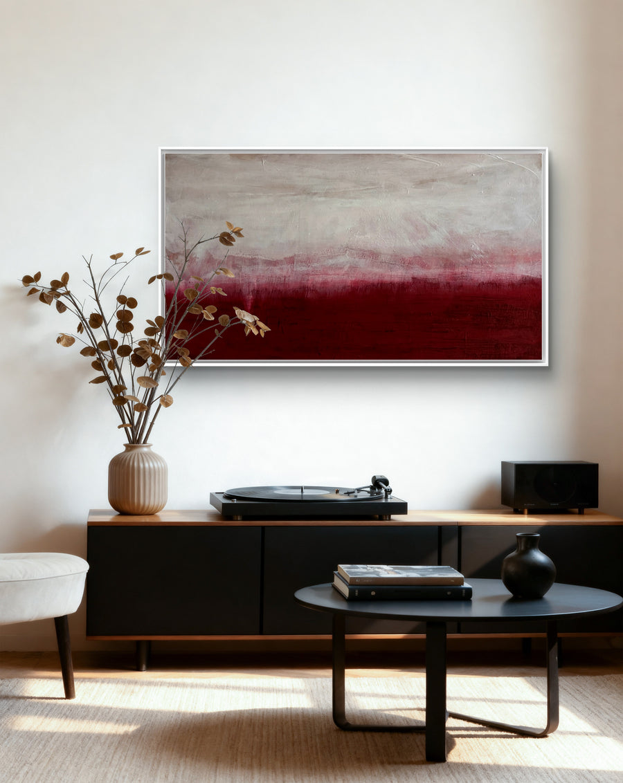 Abstraktes Gemälde Weiß – Zwischen Himmel Und Erde - Bild Weinrot Weiß – Zeitgenössische Kunst in Wohnraumansicht