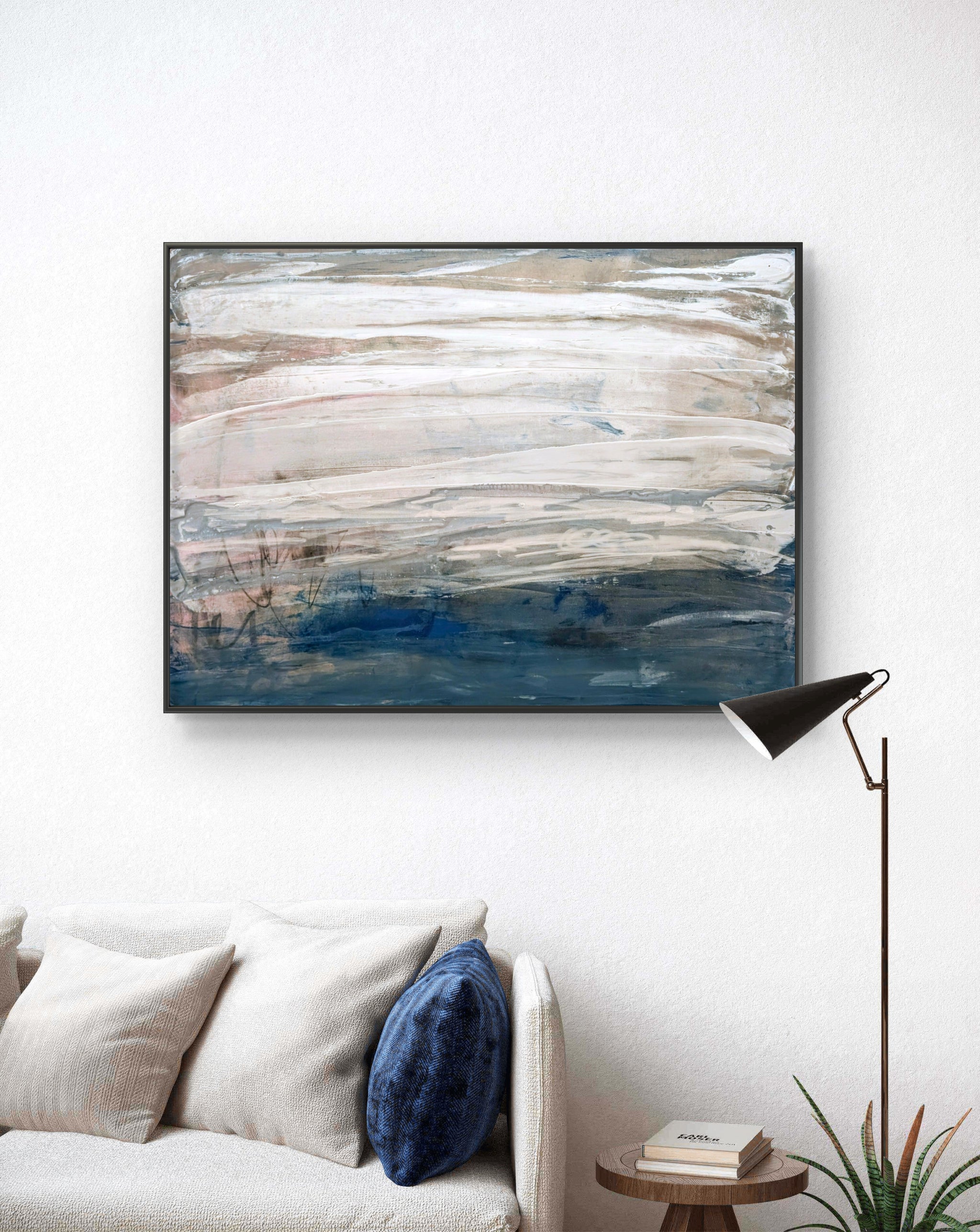 Blau weißes Bild - Gezeitenstille inkl. Schattenfugenrahmen – sofort versandbereites Leinwandbild in nan, großes Kunstwerk für moderne Wohnräume