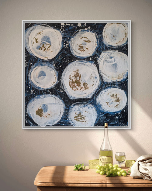 Schwarz-weiß Bild - Weltenbummler – Material & Oberfläche – natur; blau; beige; geometrisches abstraktes Originalgemälde – feine Bildwirkung – konzentrierte Ruhe – direkt verfügbares Original