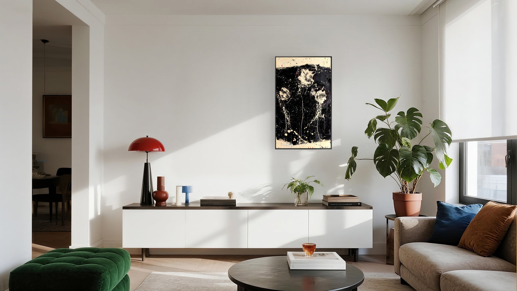 Detailaufnahme Schwarz Beige - Blütensinfonie – direkt lieferbares Acrylbild in nan, moderne Wandkunst für Interior Design