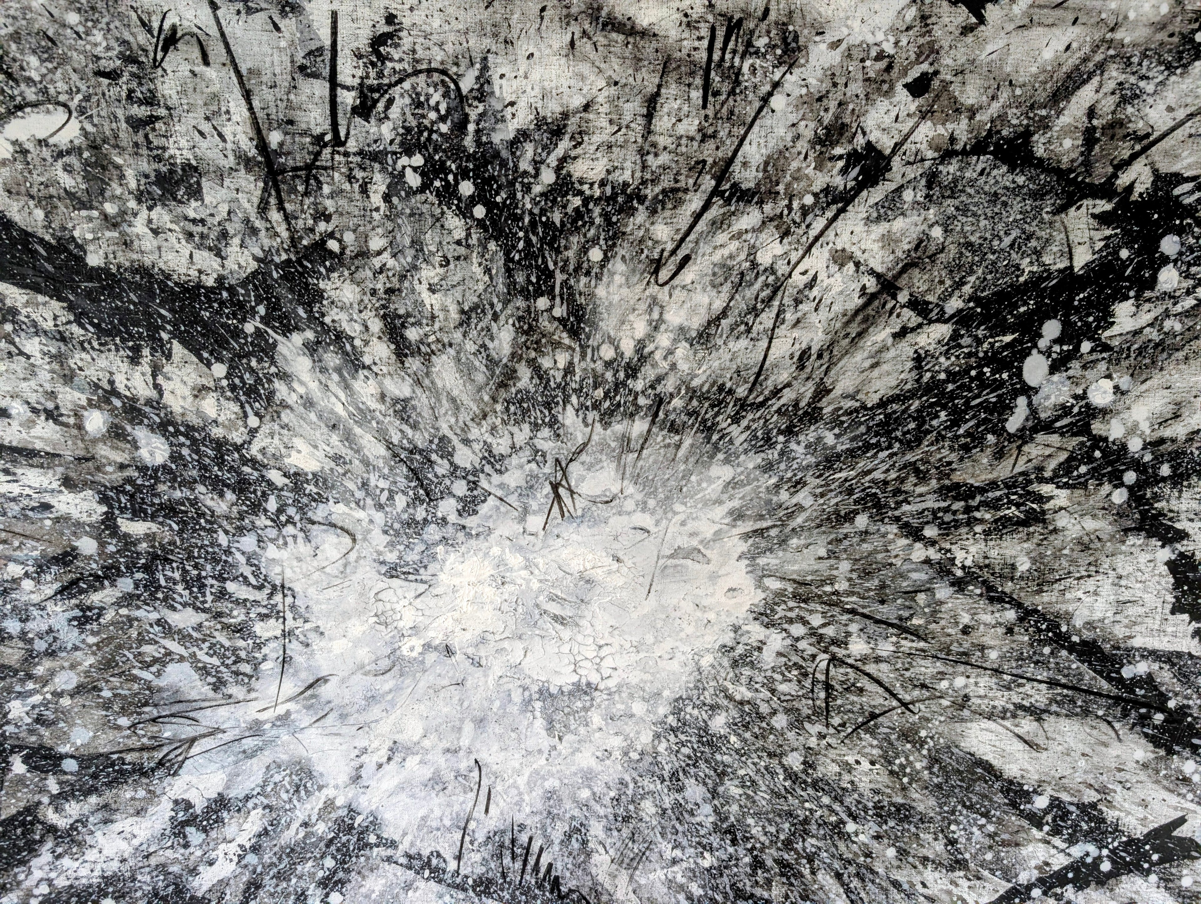 Urknall – Großes abstraktes Schwarz-Weiß Gemälde (240 × 140 cm) als Auftragsarbeit – Kunst für hohe Räume und große Wände