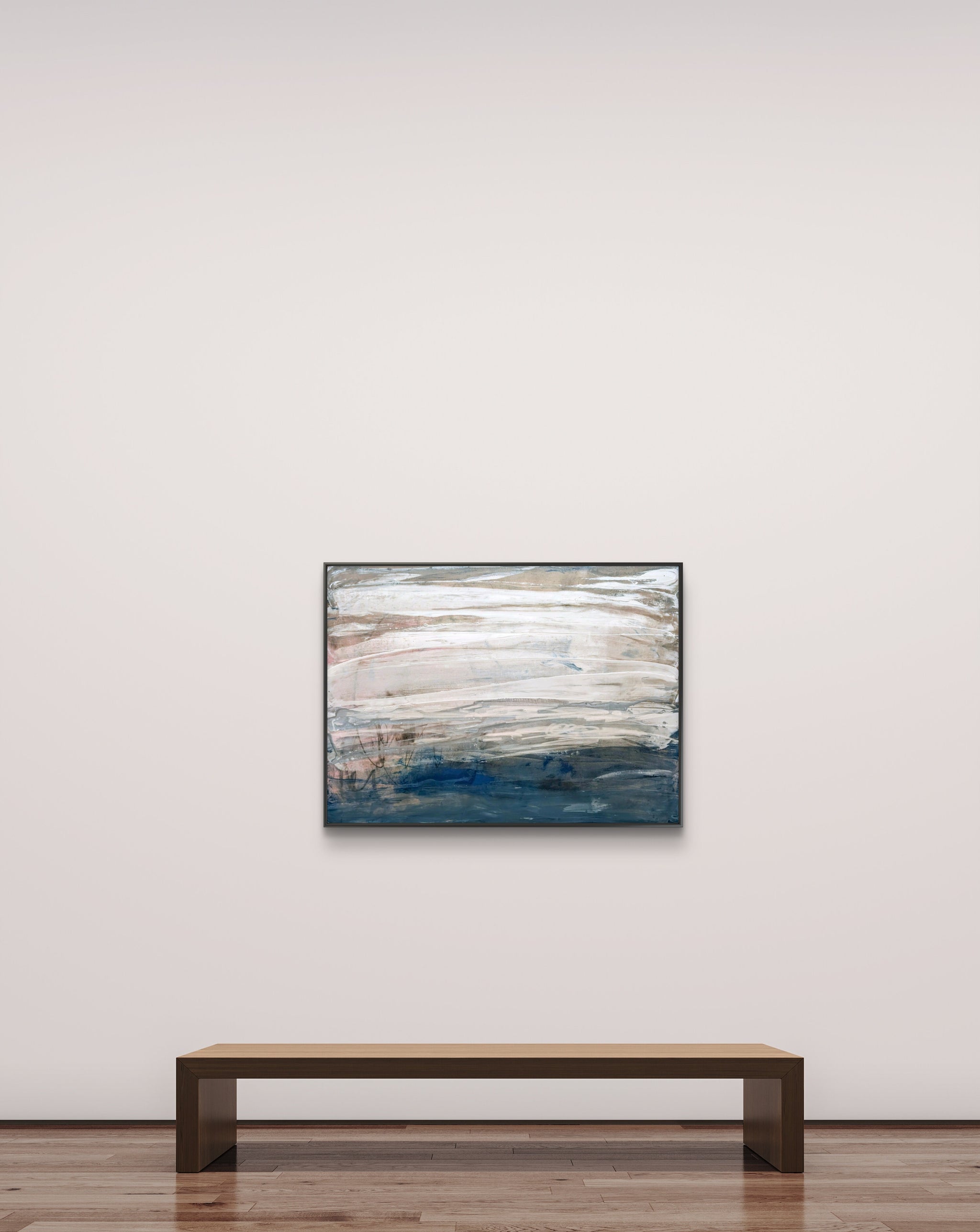 Blau weißes Bild - Gezeitenstille inkl. Schattenfugenrahmen – sofort versandbereites Leinwandbild in nan, großes Kunstwerk für moderne Wohnräume