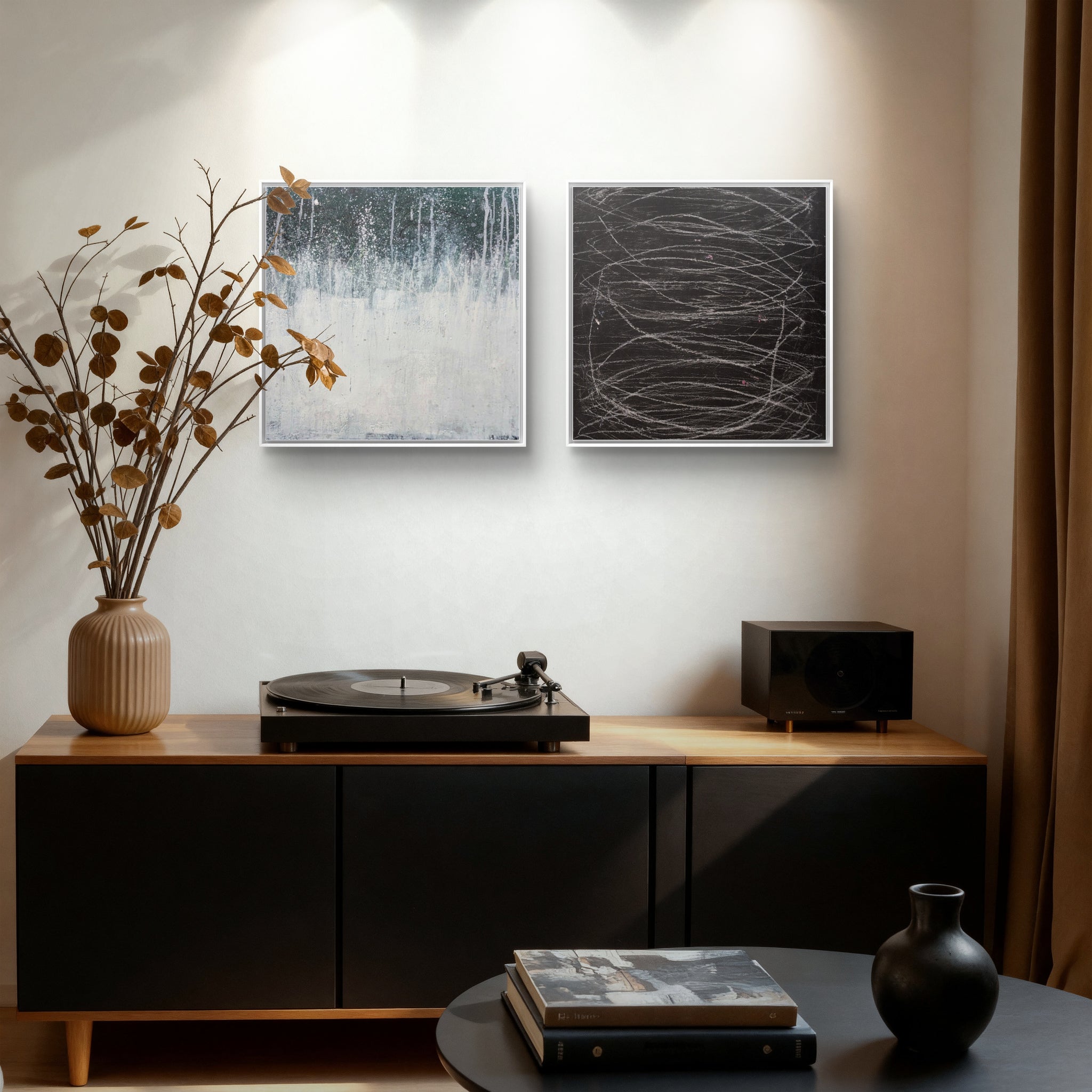 Detailaufnahme Bilder Duo in grün weiss und schwarz – direkt lieferbares Acrylbild in nan, moderne Wandkunst für Interior Design