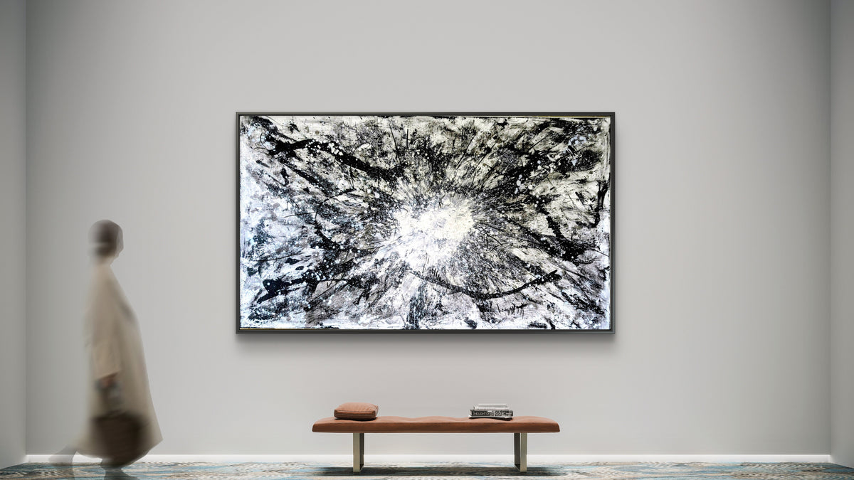 Urknall – Großes abstraktes Schwarz-Weiß Gemälde (240 × 140 cm) als Auftragsarbeit