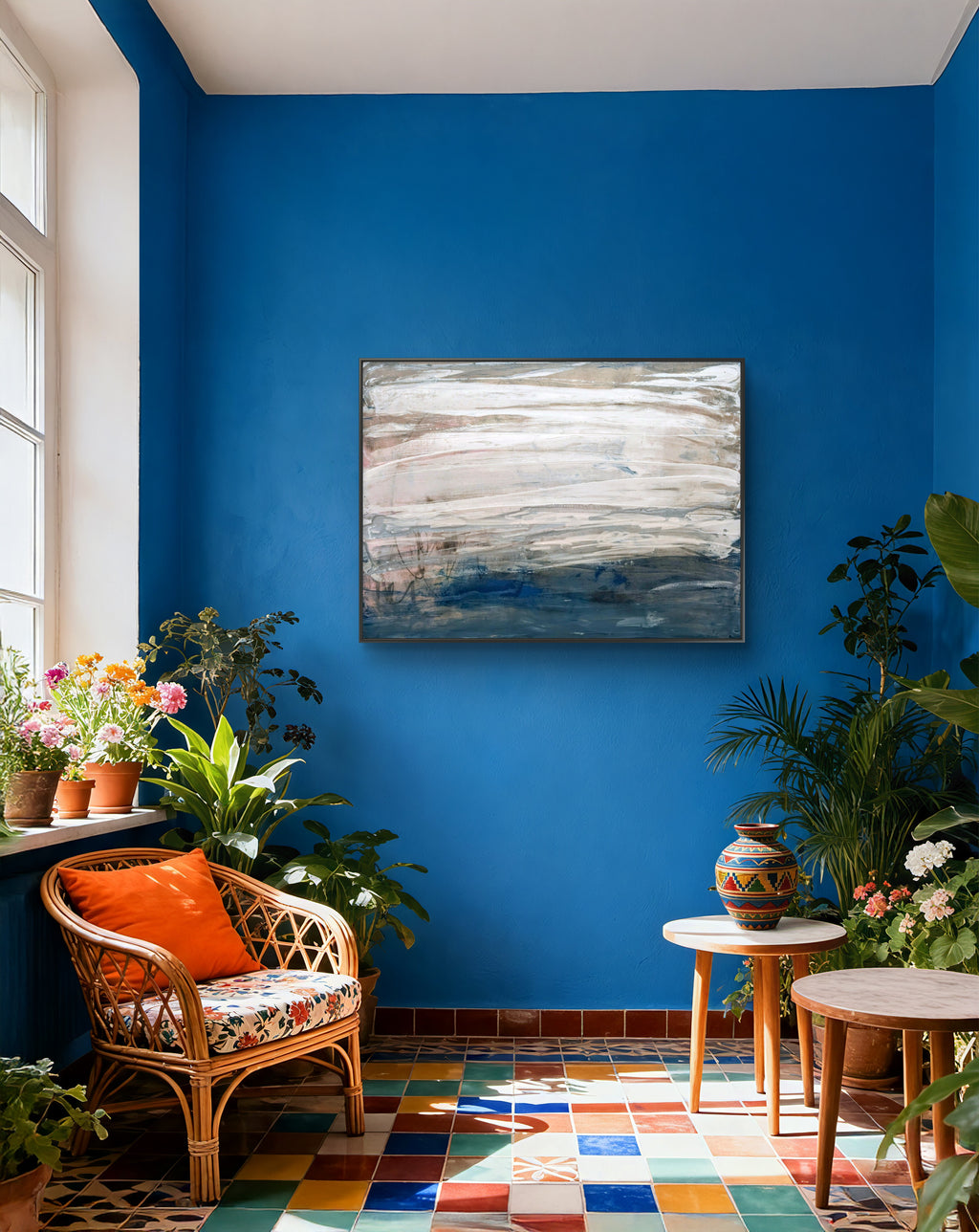 Blau weißes Bild - Gezeitenstille inkl. Schattenfugenrahmen