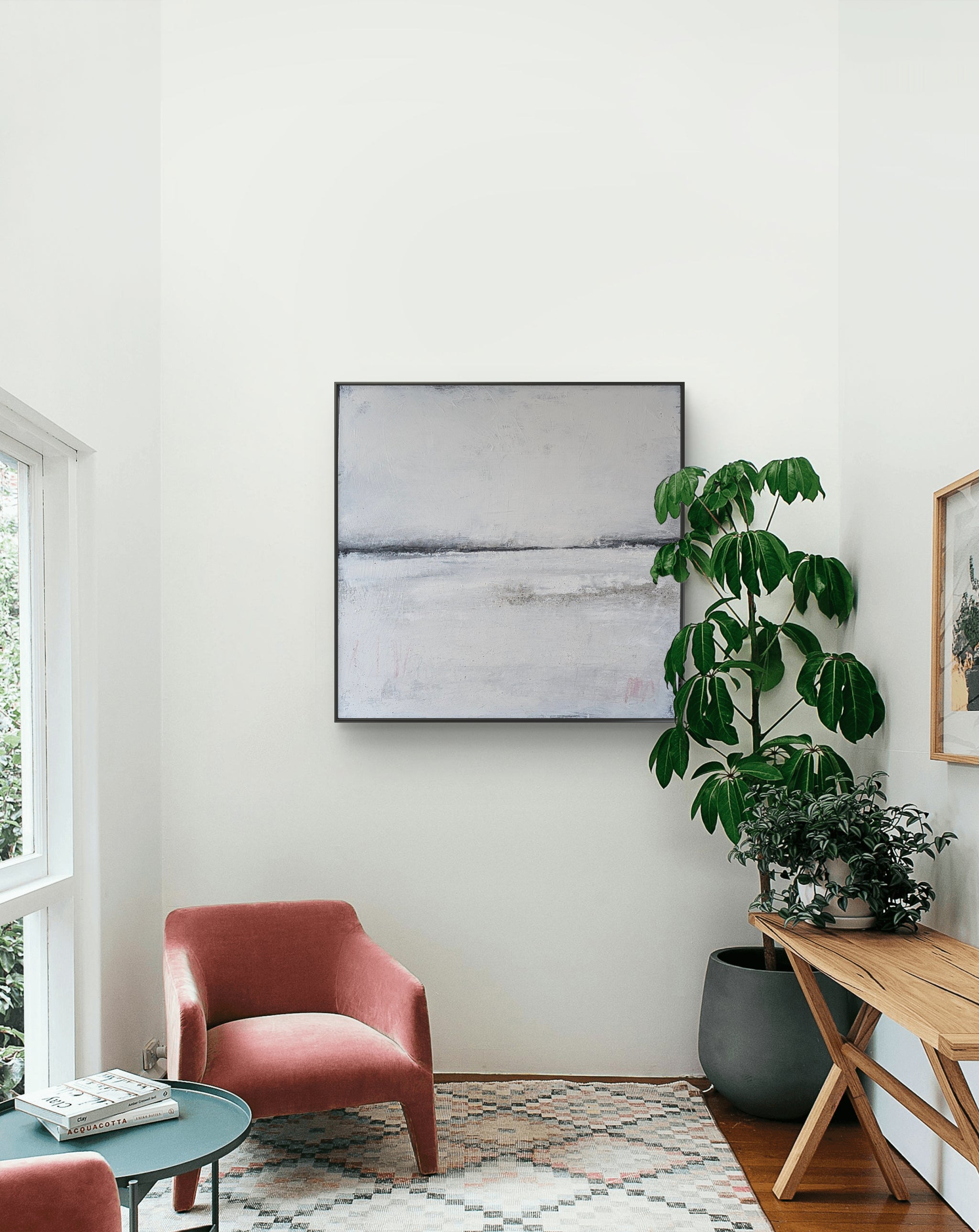 Abstraktes Gemälde – 100 x 100 cm Landgang weiß - Studienreihe – Moderne Kunst für offene Wohnbereiche