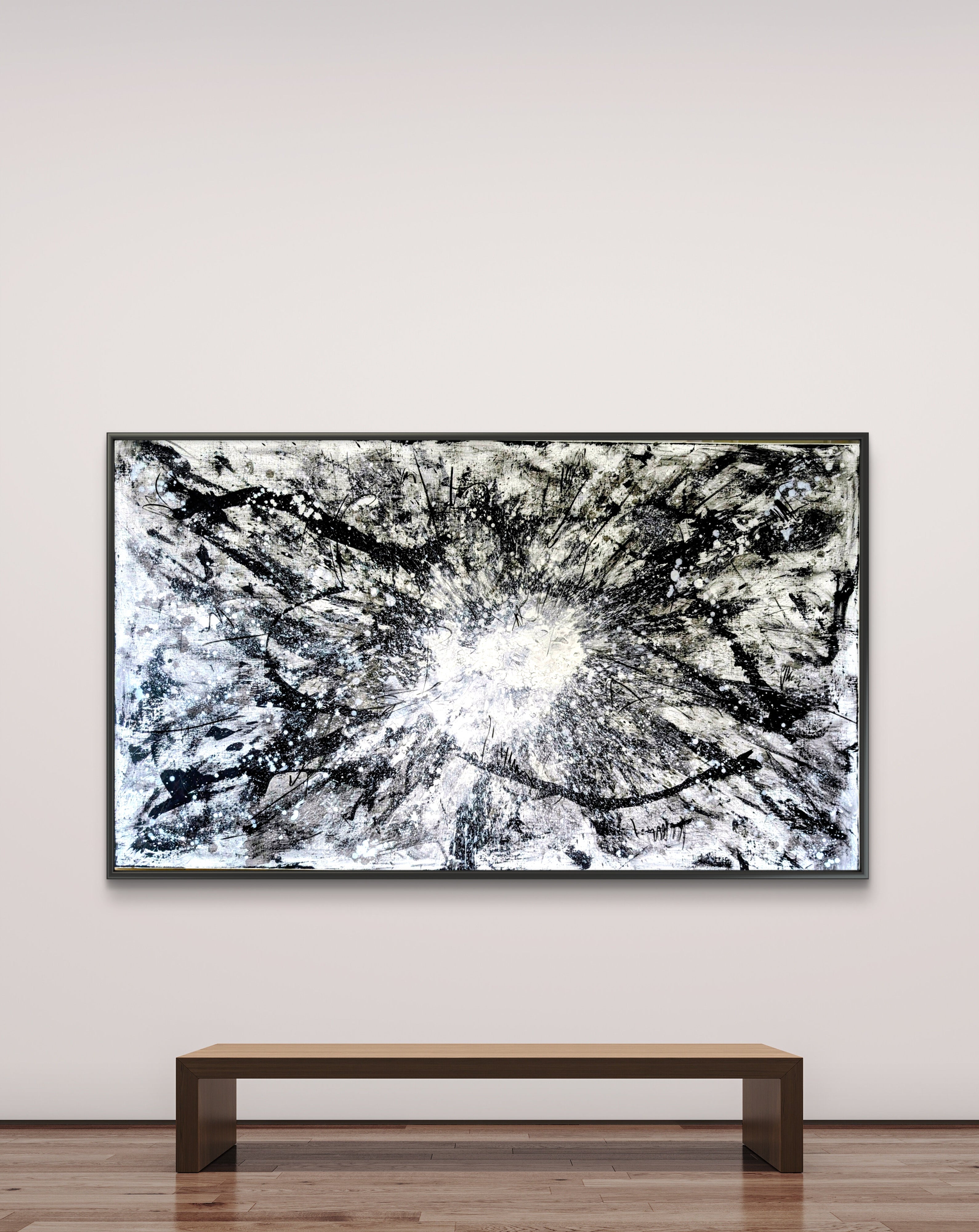 Urknall – Großes abstraktes Schwarz-Weiß Gemälde (240 × 140 cm) als Auftragsarbeit – Moderne Kunst für offene Wohnbereiche