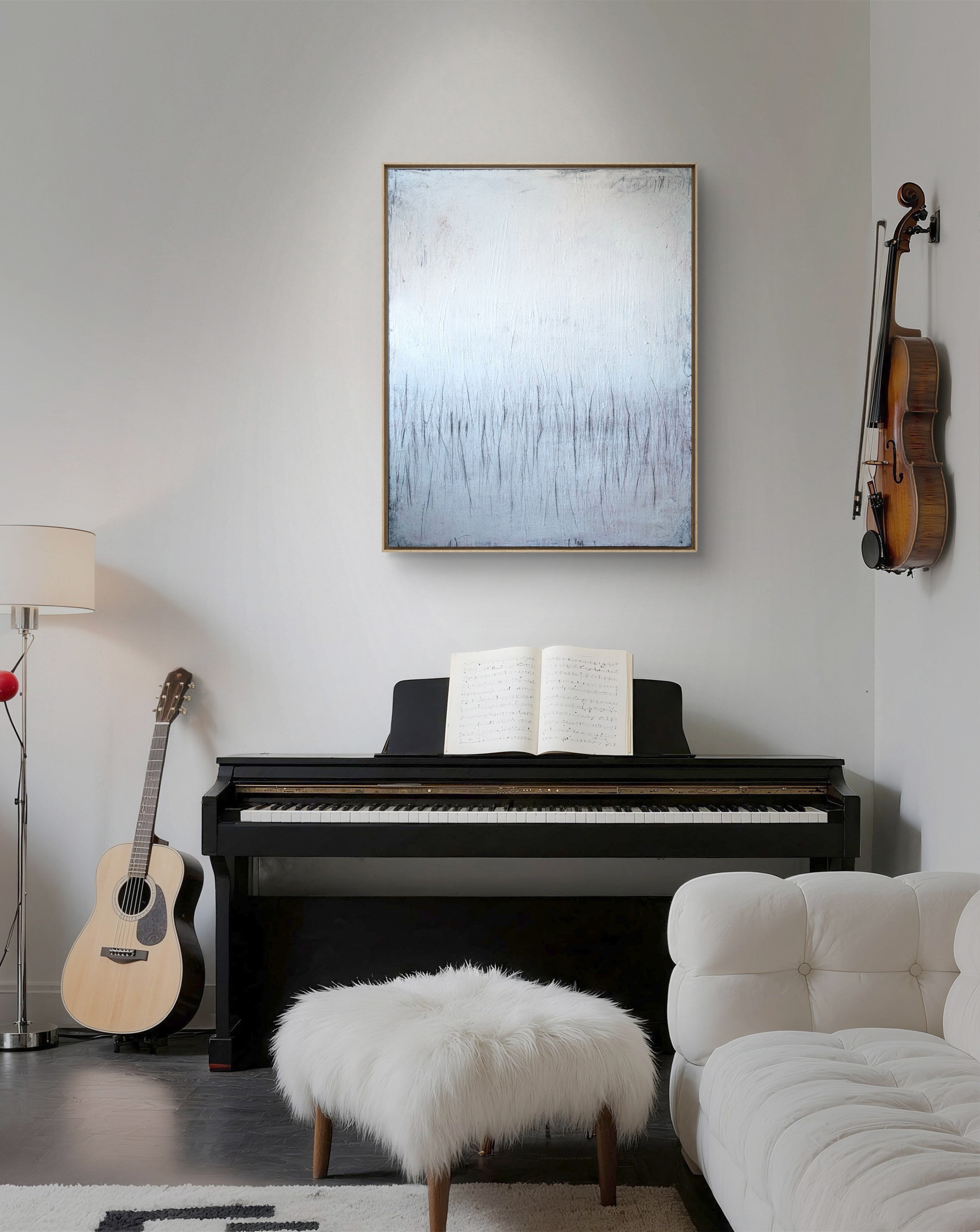 großes weißes Bild Serie Tagesschnuppen II von II – Abstrakte Wandkunst über Sofa