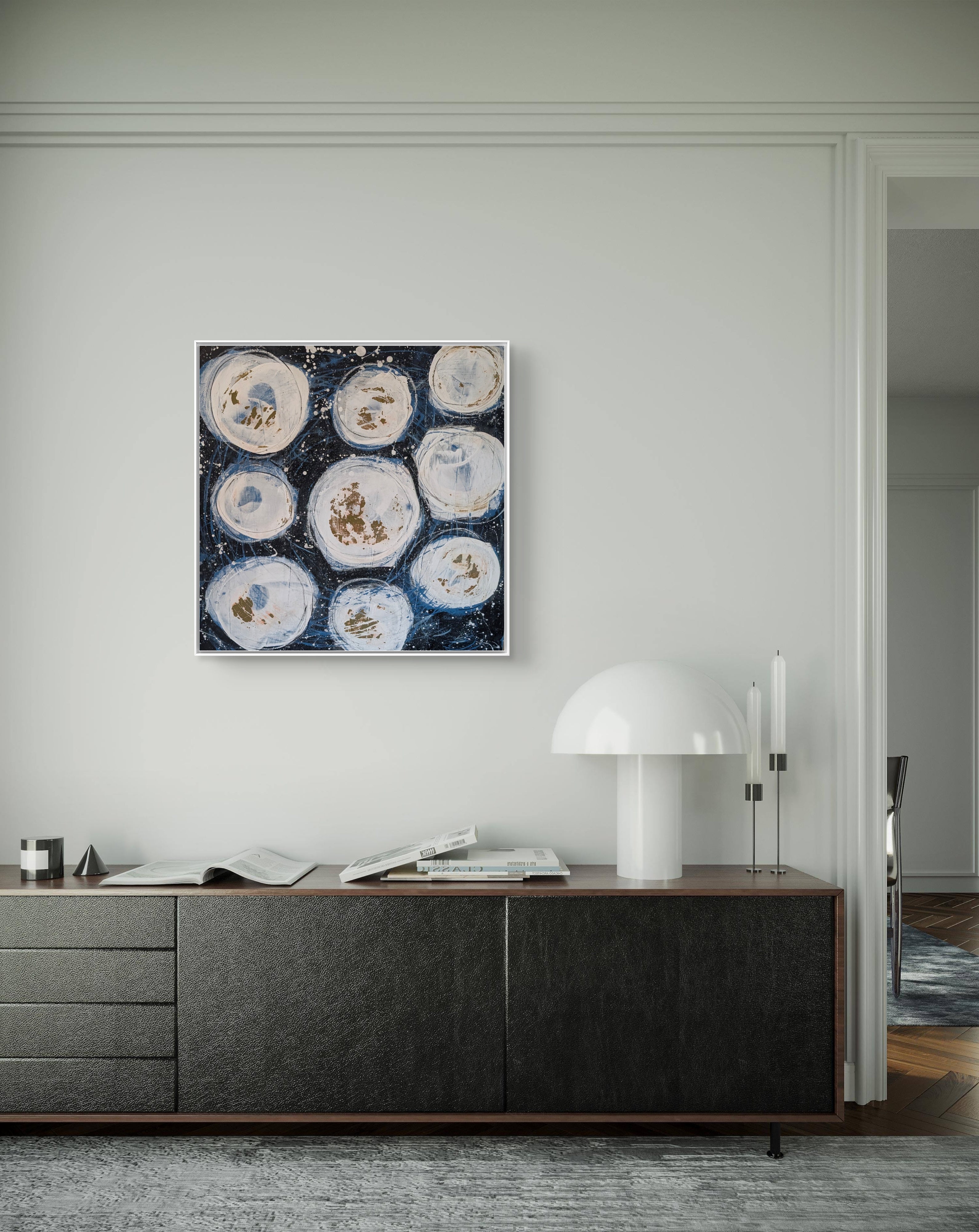 Schwarz-weiß Bild - Weltenbummler – Emotionale Resonanz – natur; blau; beige; geometrisches abstraktes Originalgemälde – meditative Wirkung – innere Ruhe – direkt verfügbares Original