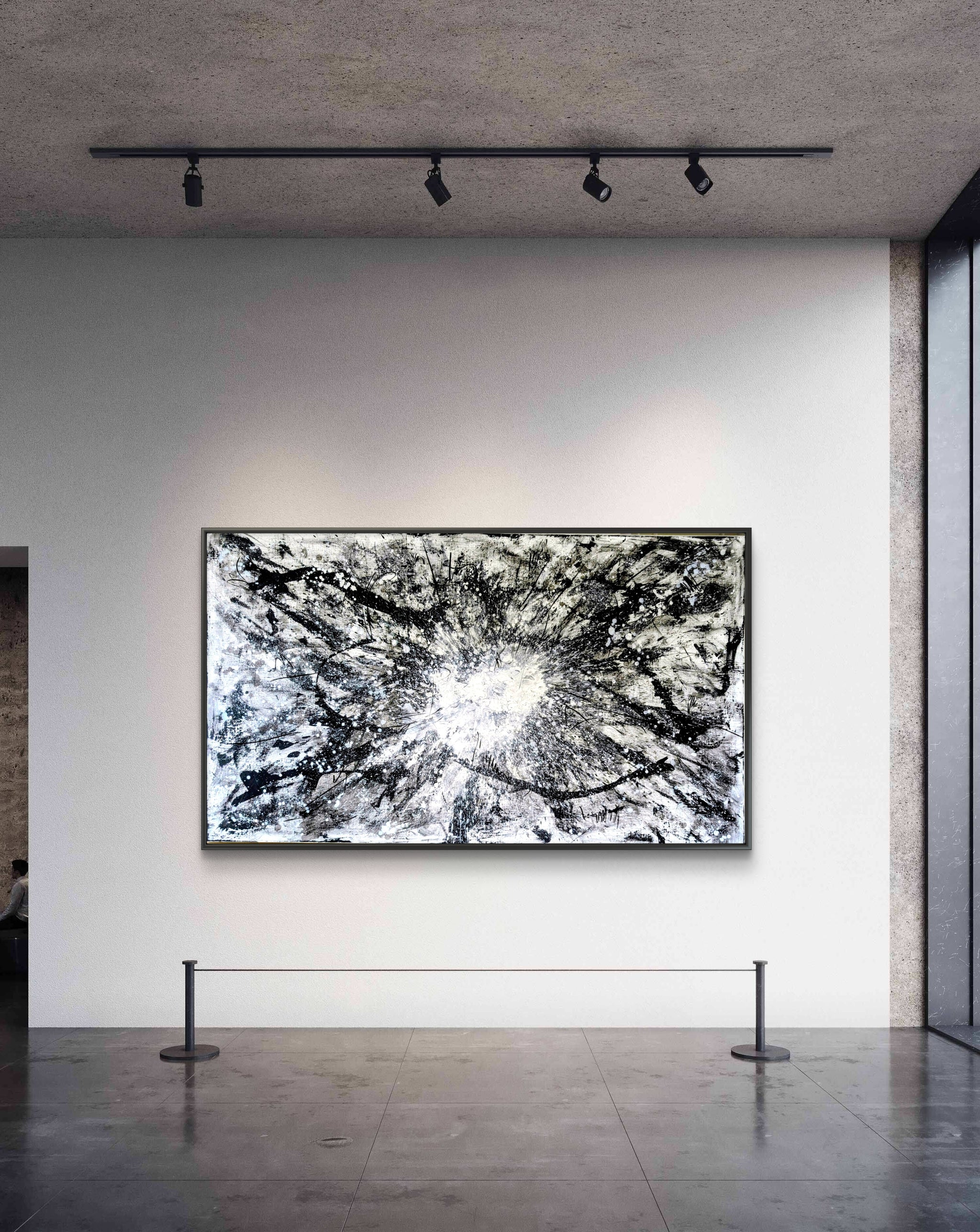 Urknall – Großes abstraktes Schwarz-Weiß Gemälde (240 × 140 cm) als Auftragsarbeit