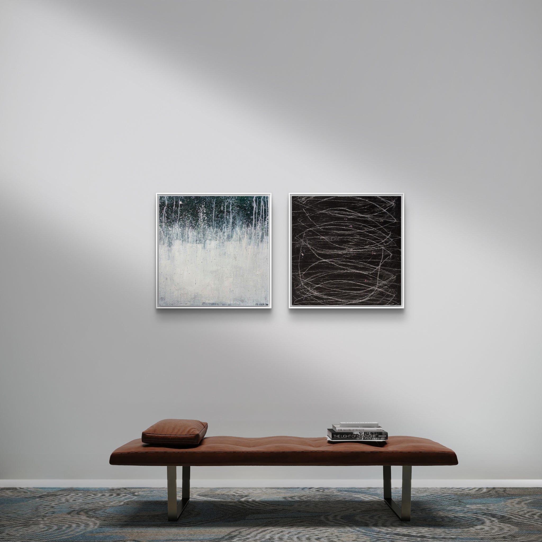 Bilder Duo in grün weiss und schwarz nan cm – sofort verfügbares Wandbild in nan, Seitenansicht als Statement Kunst im Esszimmer oder Flur