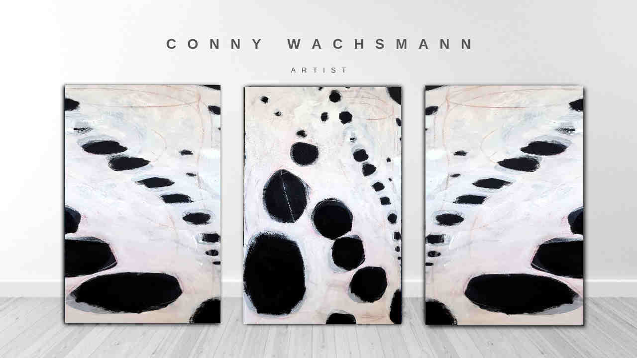 Das Bilderset „S/W Moderne“ der Künstlerin Conny Wachsmann umfasst drei zeitgenössische Drucke mit kräftigen, unregelmäßigen schwarzen Formen auf sanften Hintergründen – eine elegante Präsentation der Schwarz-Weiß-Moderne für Ihren Raum.