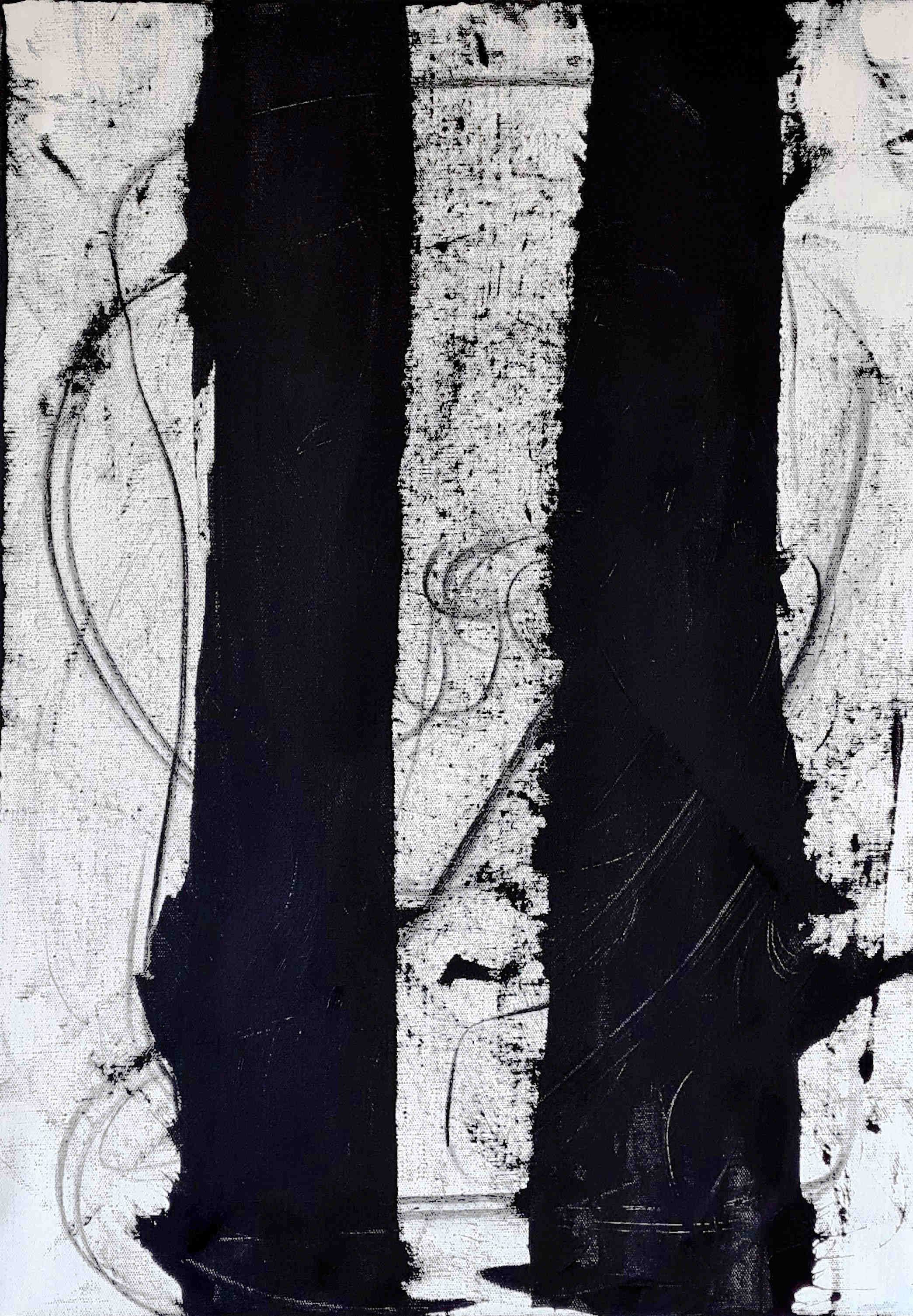 Das Bilderset „S/W Moderne“ von Conny Wachsmann zeigt ein abstraktes Gemälde im zeitgenössischen Stil mit zwei kräftigen vertikalen schwarzen Streifen auf Weiß und strukturierten grauen Wirbeln – perfekt für moderne Schwarzweiß-Bildersets.