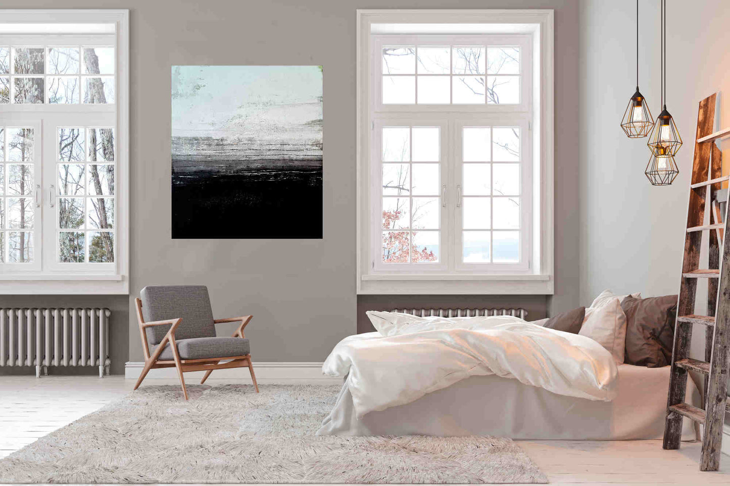 schwarzweißes Abstraktes Gemälde "Zwei Seiten (2)" aus regionalen Hölzern mit minimalistischem Design