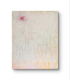 Gedankenregen von Conny Wachsmann, Künstlerin: Abstraktes Gemälde mit hellem Hintergrund, schwachen vertikalen Linien wie hohes Gras und einem kleinen roten Fleck oben links. In zartem Rosa, Blau und Gelb – ein einzigartiges Werk für Ihren Raum.