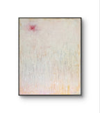 „Gedankenregen“ von Conny Wachsmann, Künstlerin: Ein abstraktes Gemälde mit hellem Hintergrund, senkrechten Linien wie Gras und einem rosaroten Fleck oben links, in dünnem Schwarz gerahmt – ein einzigartiges, individuell angefertigtes Kunstwerk.