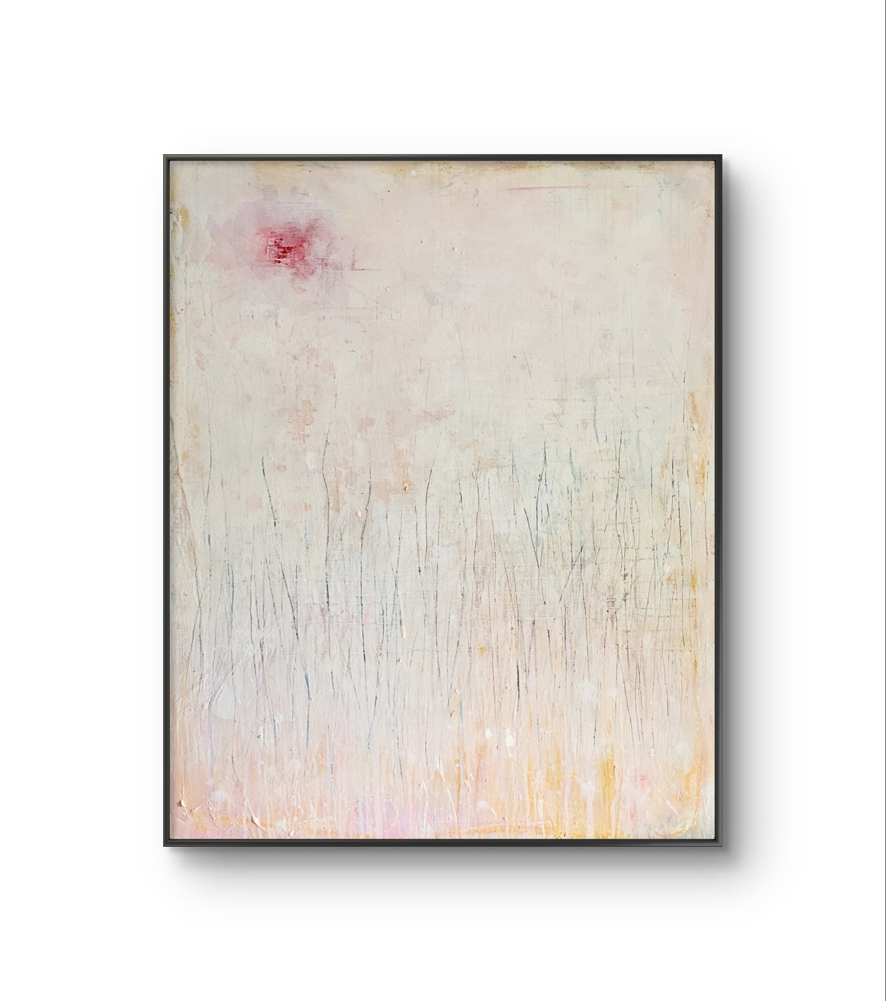 „Gedankenregen“ von Conny Wachsmann, Künstlerin: Ein abstraktes Gemälde mit hellem Hintergrund, senkrechten Linien wie Gras und einem rosaroten Fleck oben links, in dünnem Schwarz gerahmt – ein einzigartiges, individuell angefertigtes Kunstwerk.