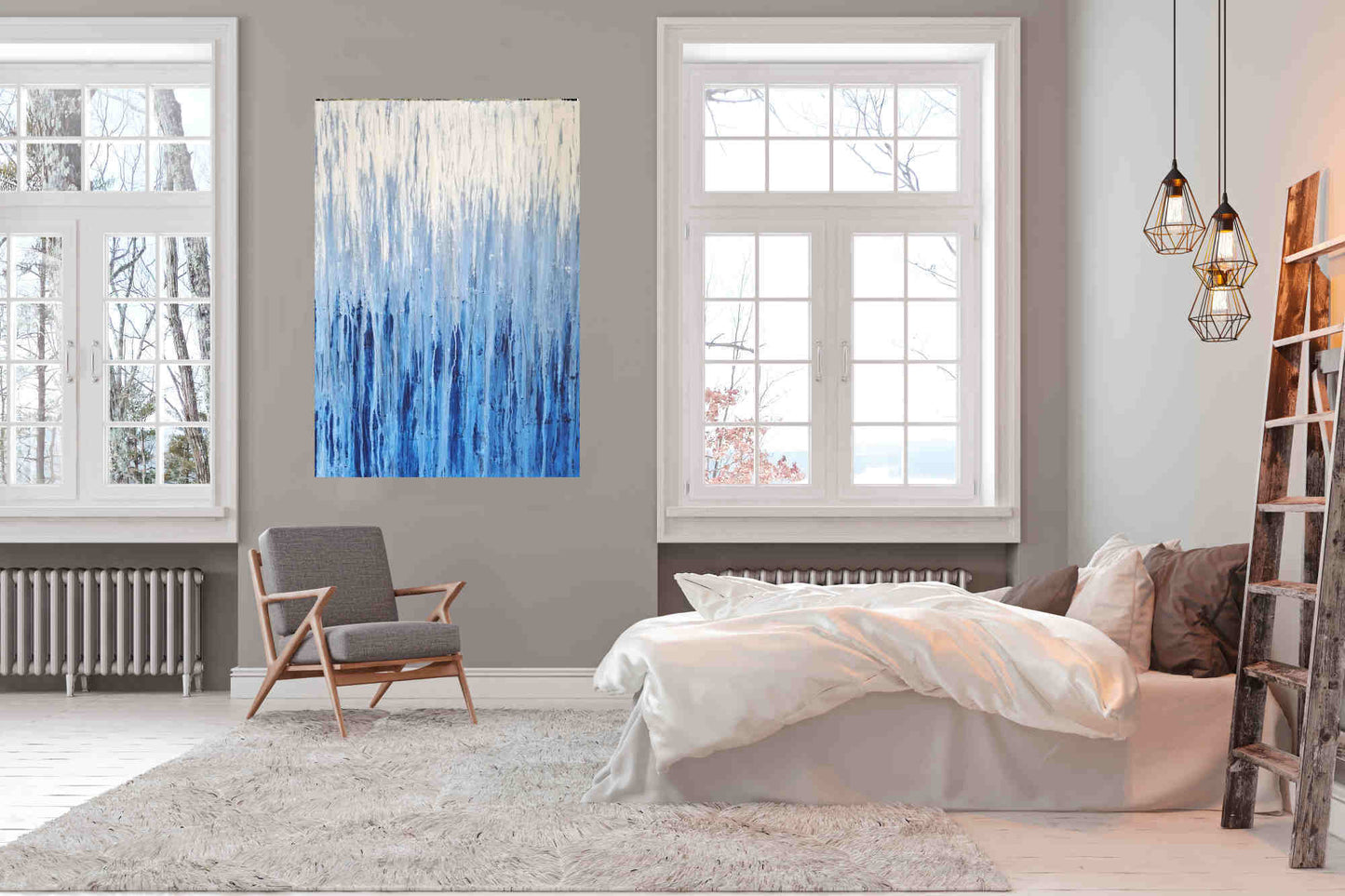 blau weißes Bild - Kratztechnik als Auftragsbild auf 100 x 70 cm Leinwand