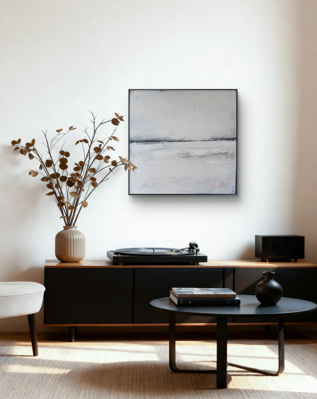 Abstraktes Gemälde – 100 x 100 cm Landgang weiß - Studienreihe – Abstrakte Wandkunst über Sofa
