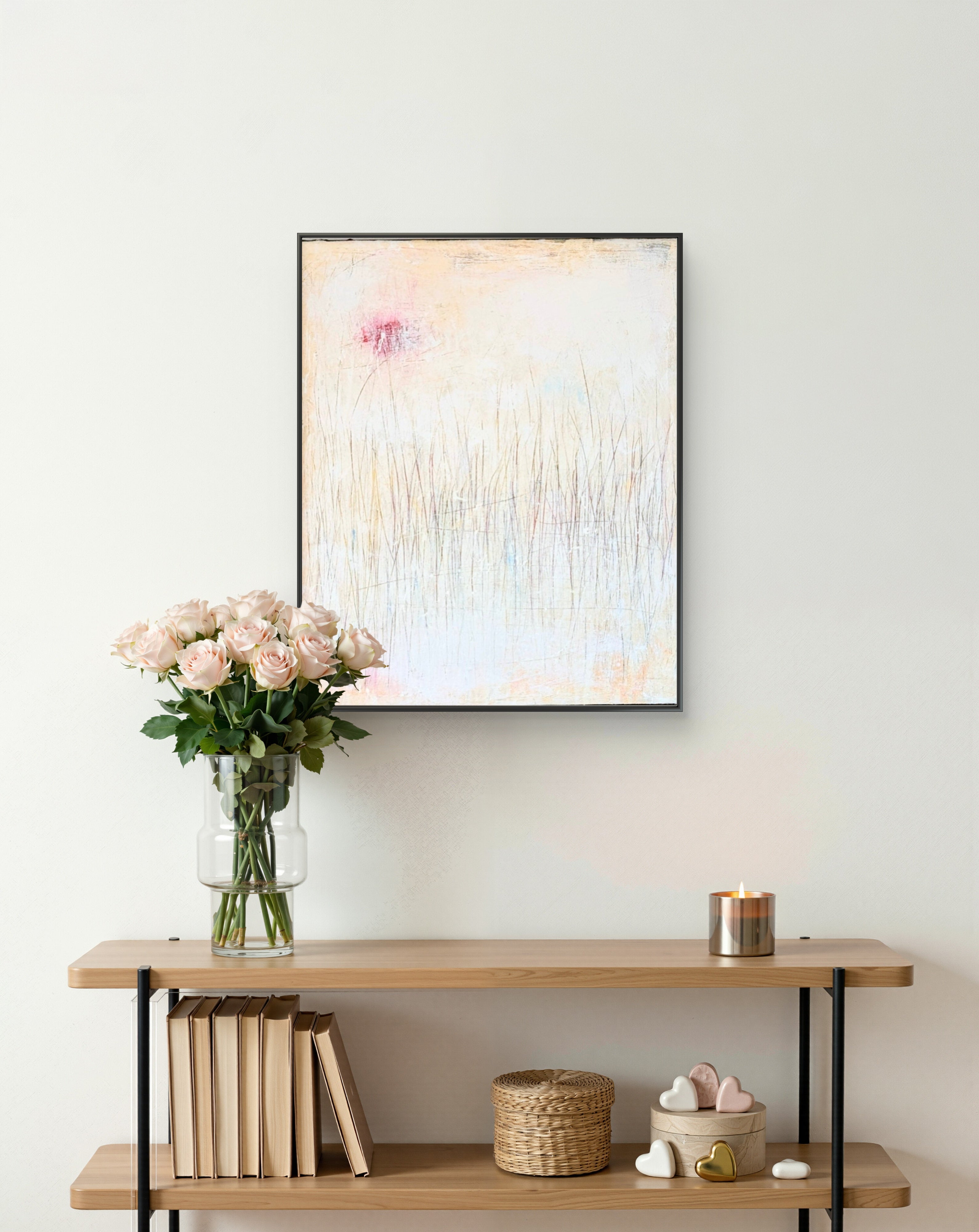 Gedankenregen in Cremeweiß- Studienreihe – Zeitgenössische Kunst in Wohnraumansicht