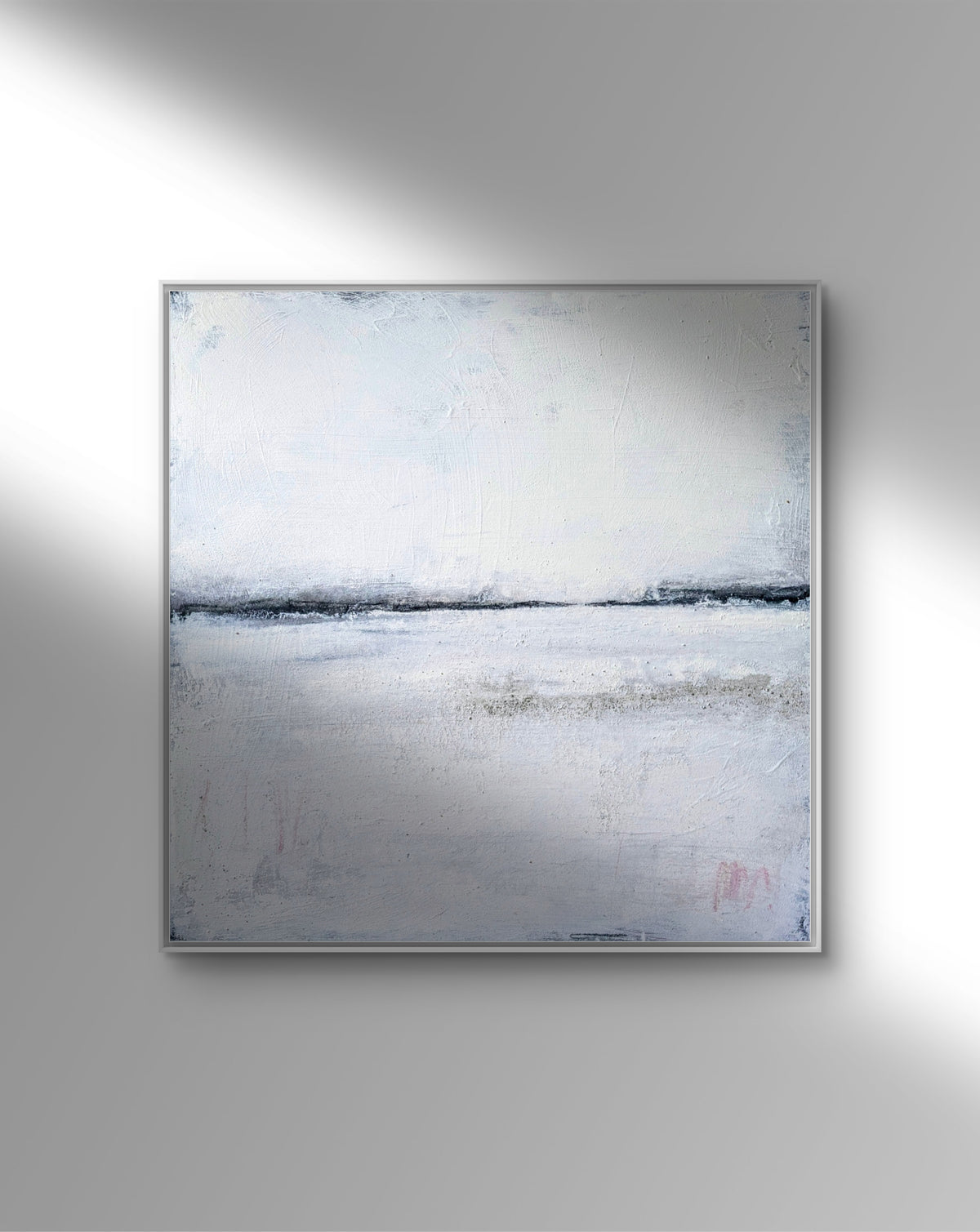 Abstraktes Gemälde – 100 x 100 cm Landgang weiß - Studienreihe – Großes Gemälde in modernem Wohnzimmer