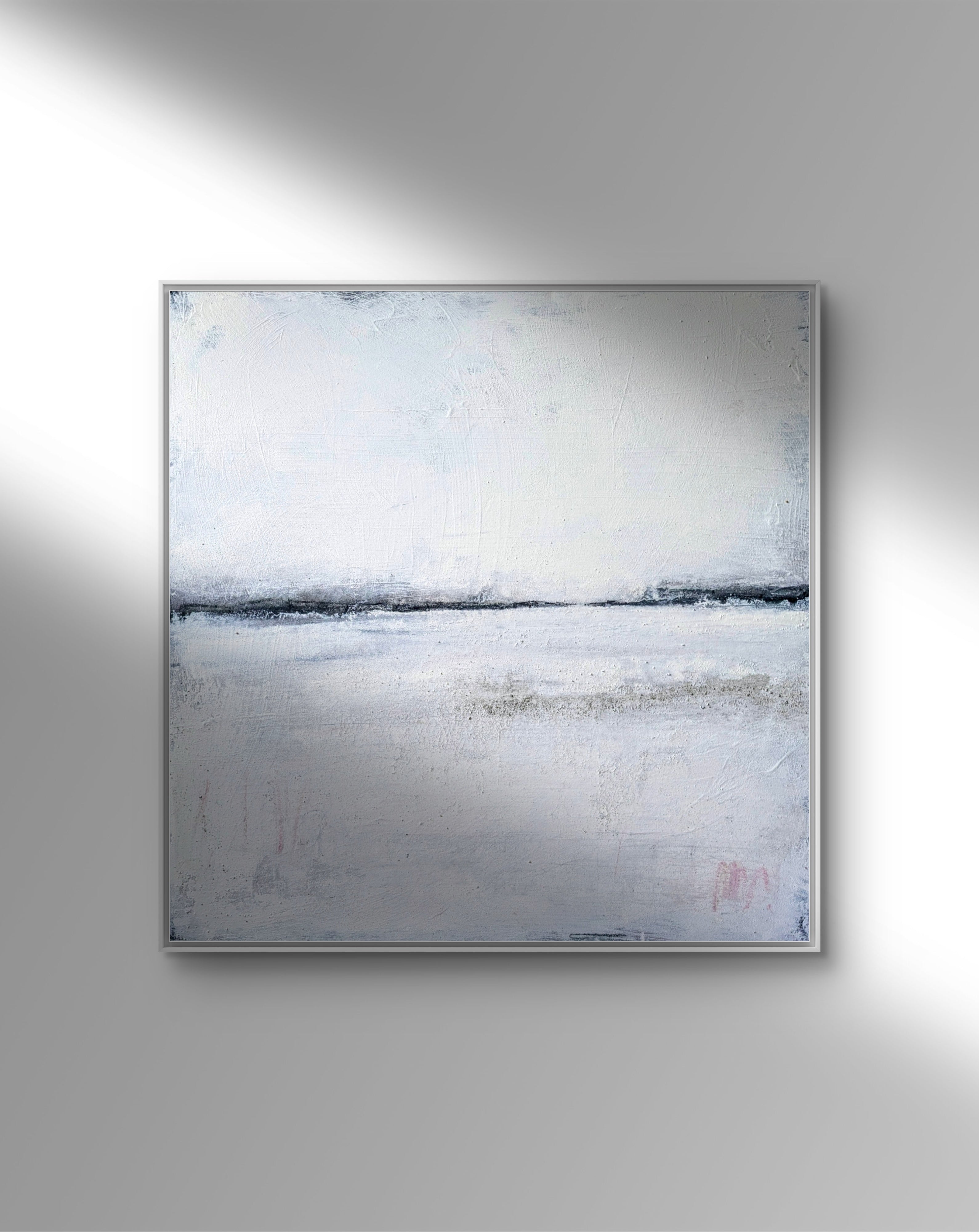 Abstraktes Gemälde – 100 x 100 cm Landgang weiß - Studienreihe – Großes Gemälde in modernem Wohnzimmer