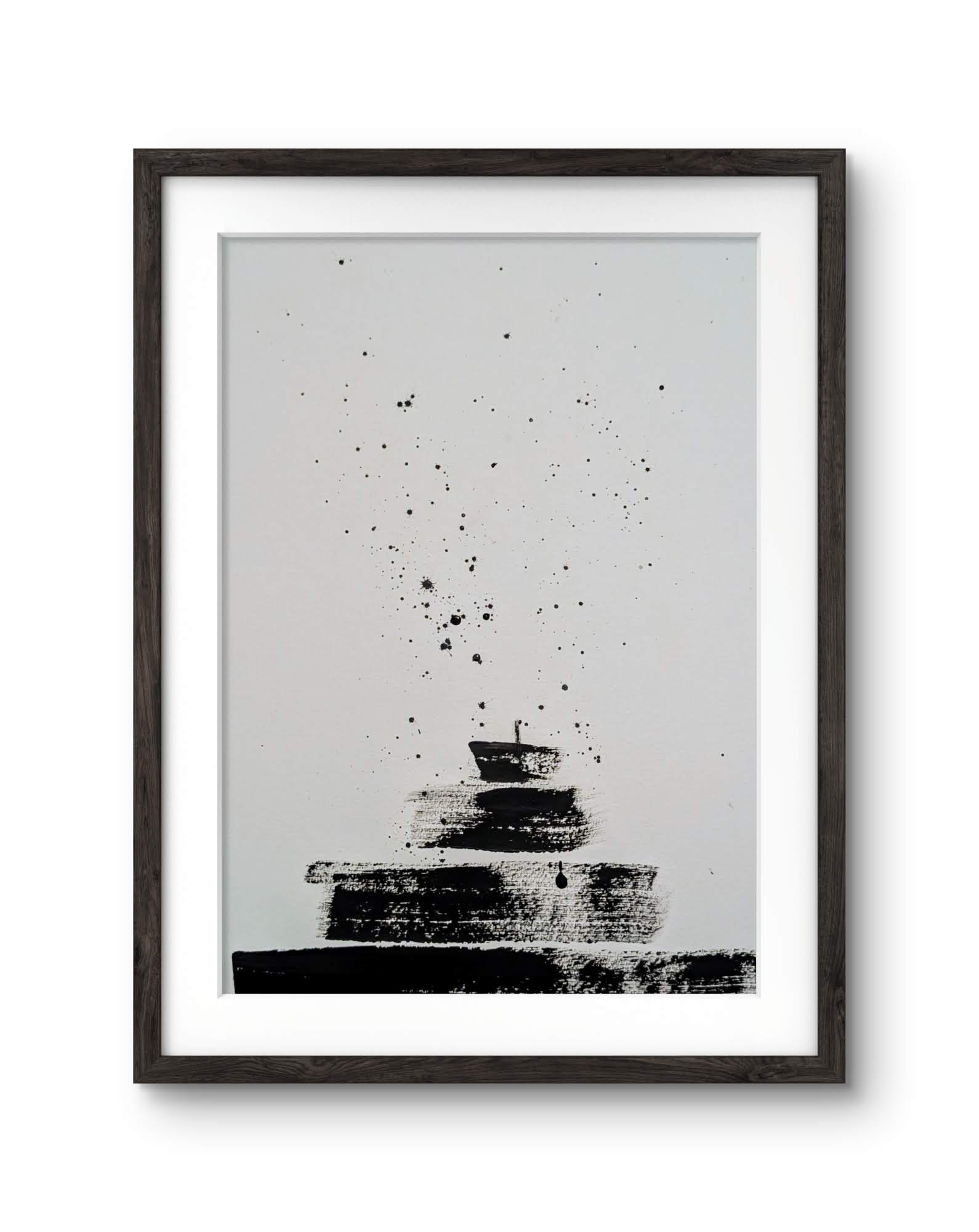 Zeichnungen & Reduktion V von Conny Wachsmann ist ein minimalistisches Kunstwerk aus schwarzer Tinte in einem dunklen Holzrahmen, das geschichtete Rechtecke und verstreute Spritzer auf Weiß zeigt.